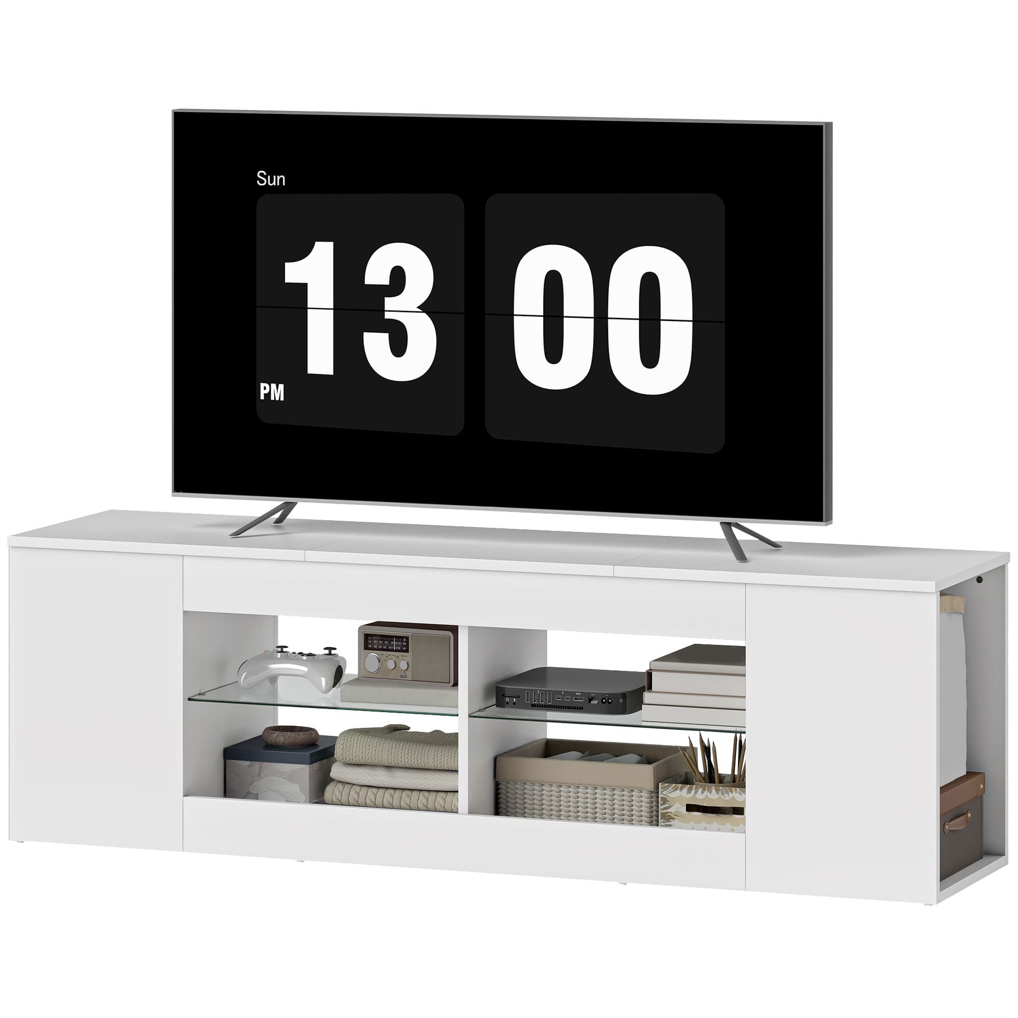 HOMCOM Support TV 140 cm, commode TV, 6 compartiments, 2 étagères en verre, panneau de particules, blanc