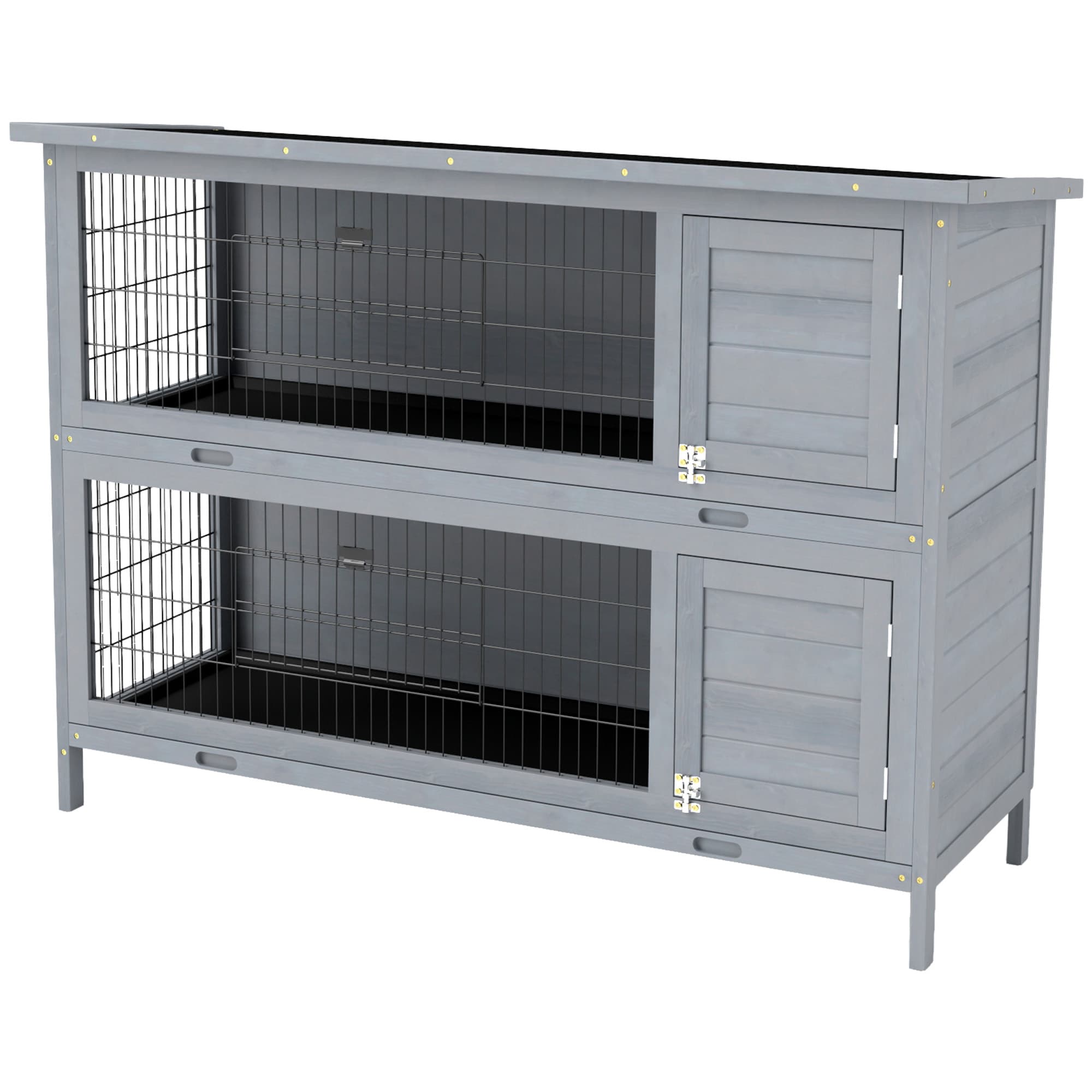 PawHut Clapier pour lapins en bois 2 étages toit bitume bac de fond portes pour petits animaux 136,4 x 50 x 93 cm Gris