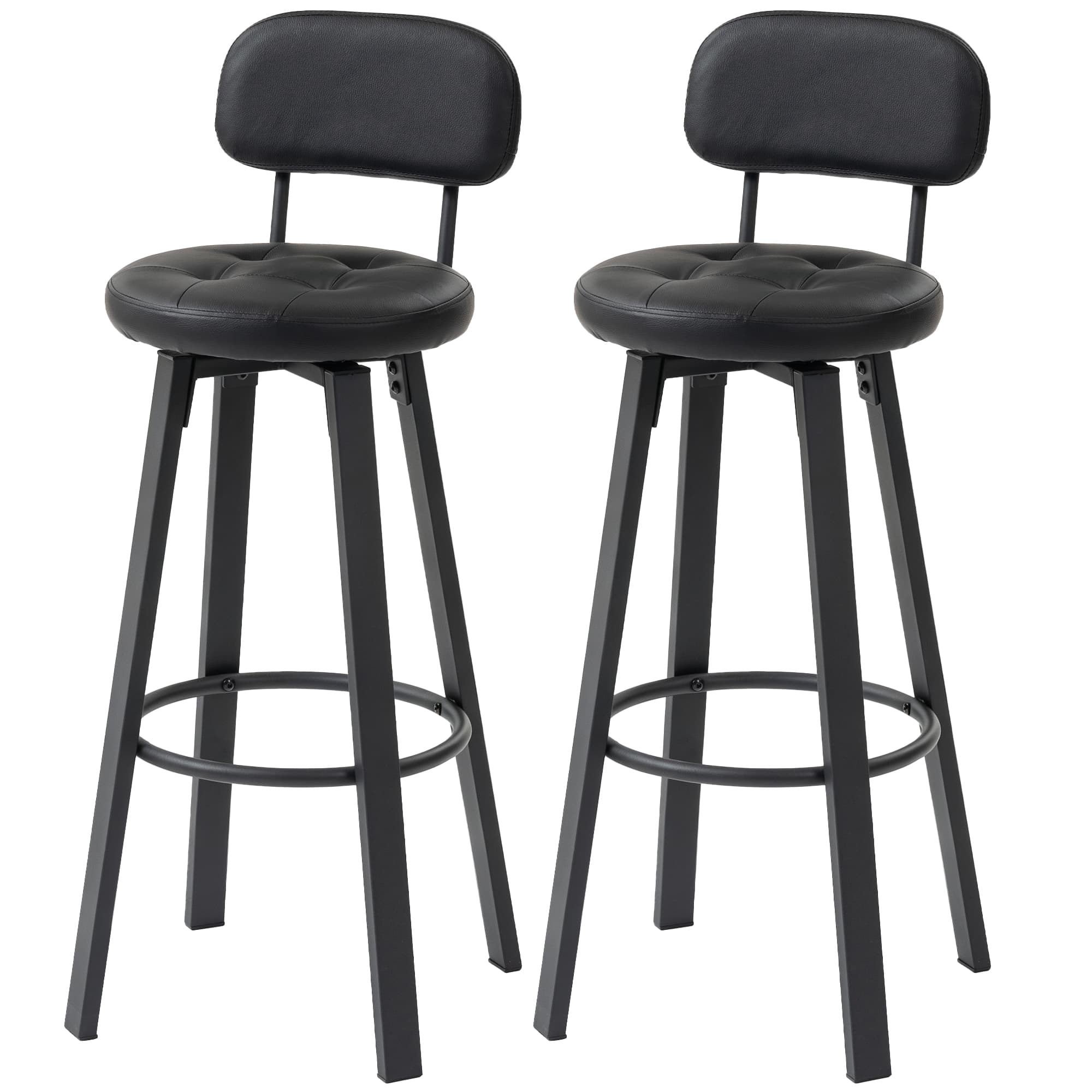 HOMCOM Lot de 2 tabourets de bar, revêtement en similicuir, assise rembourrée, repose-pieds, dossier, structure métallique, Noir
