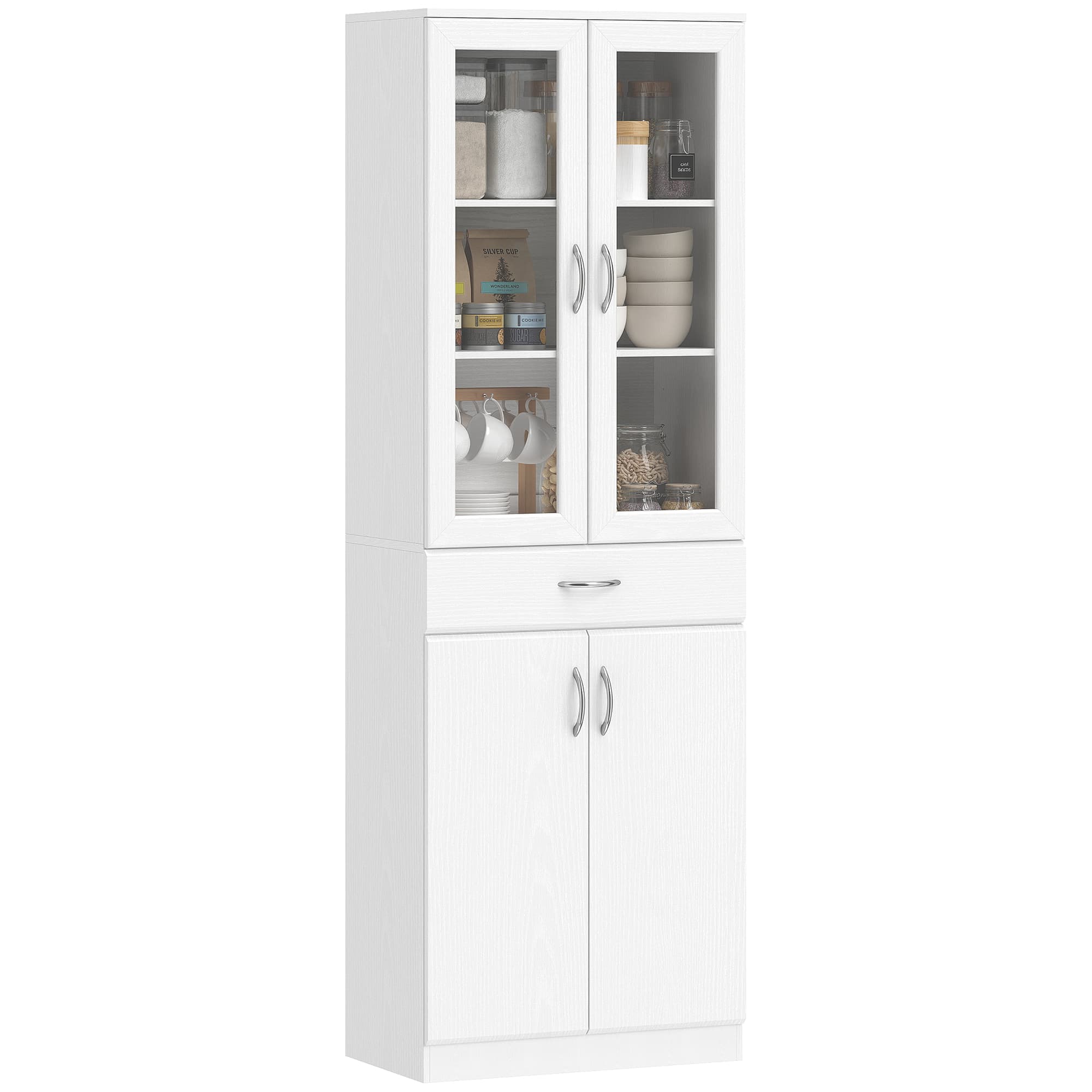 HOMCOM Armoire de cuisine Buffet avec étagère réglable Tiroir 2 portes Meuble haut avec porte vitrée 60 x 35 x 180 cm Blanc