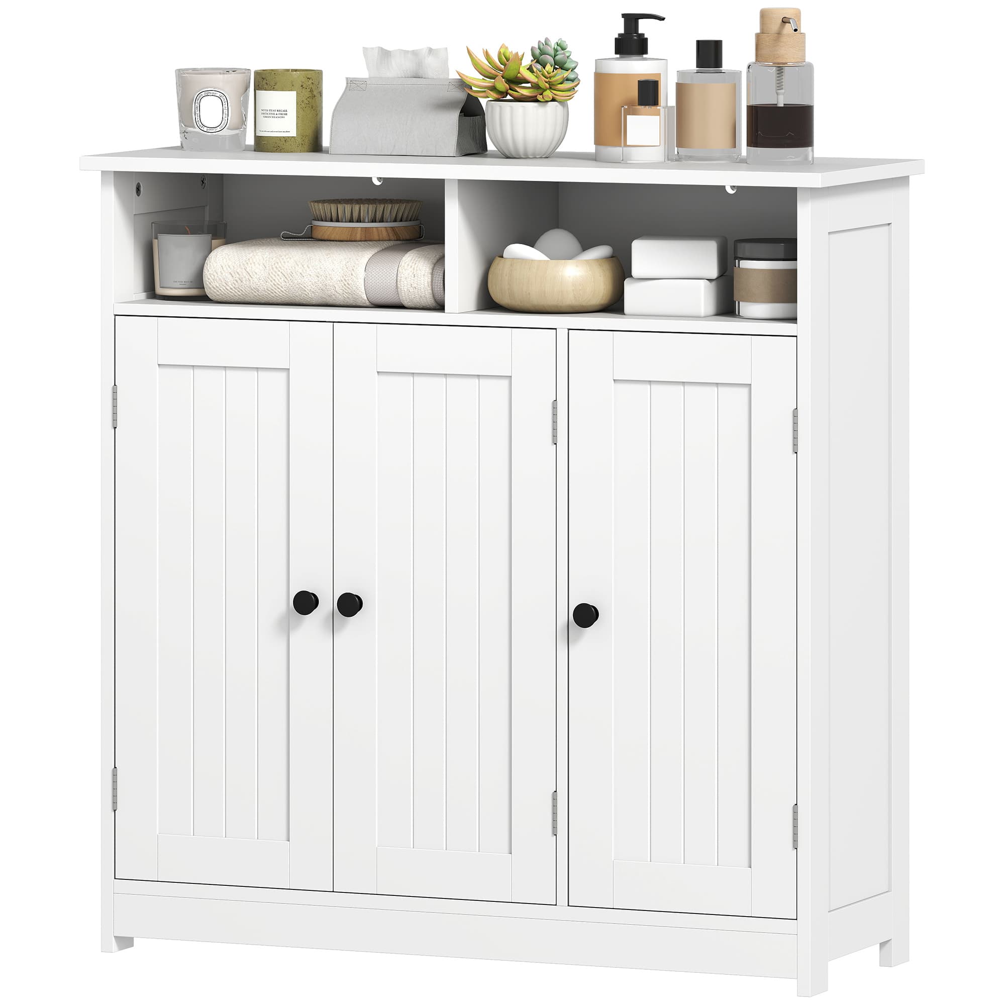 HOMCOM Armoire de Salle de Bain Étroite 3 Portes 2 Compartiments Ouverts Étagère Réglable 85x30x85 cm Blanc