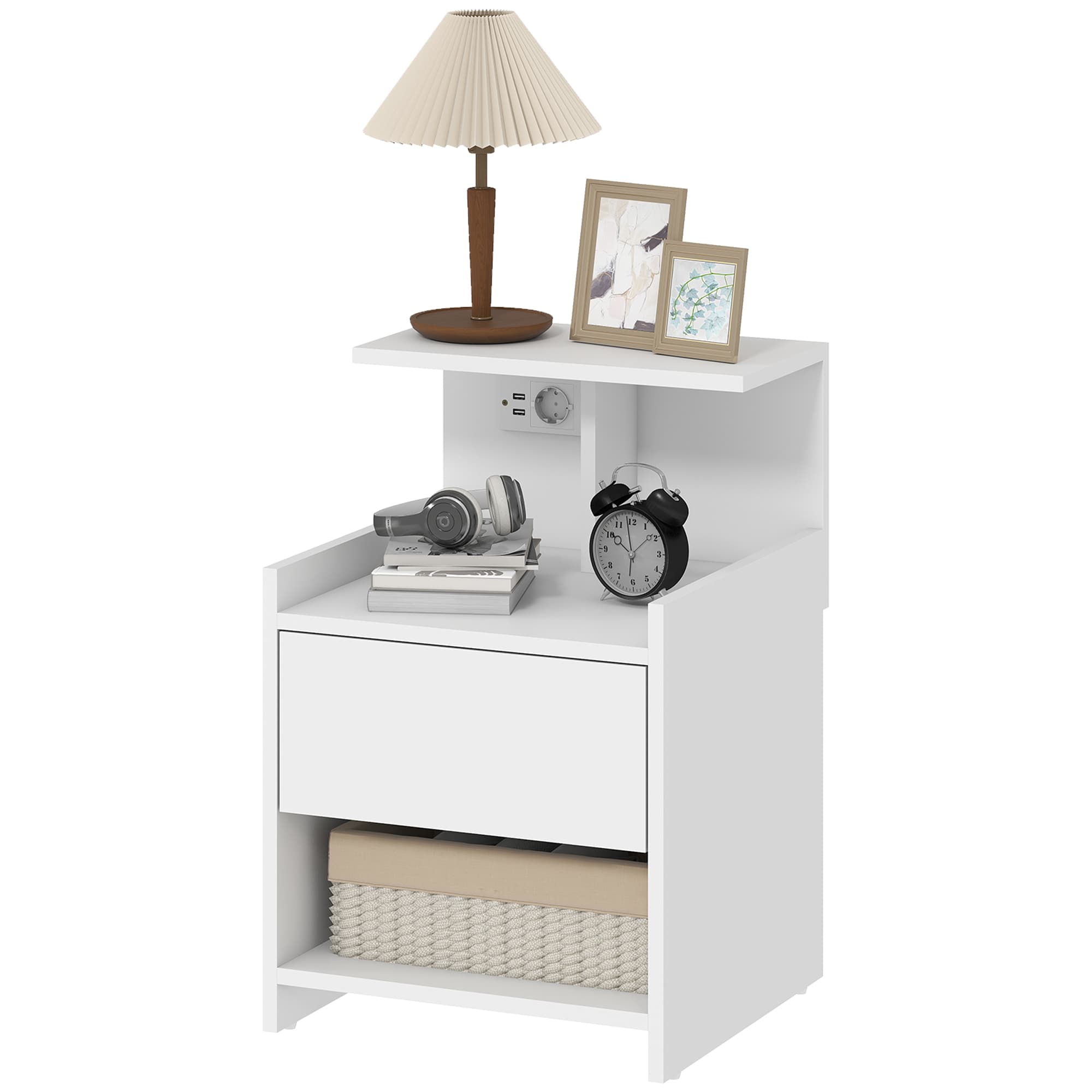 HOMCOM Table de chevet avec station de charge Ports USB Tiroir et Étagères Table de chevet chambre 40x40x60 cm Blanc