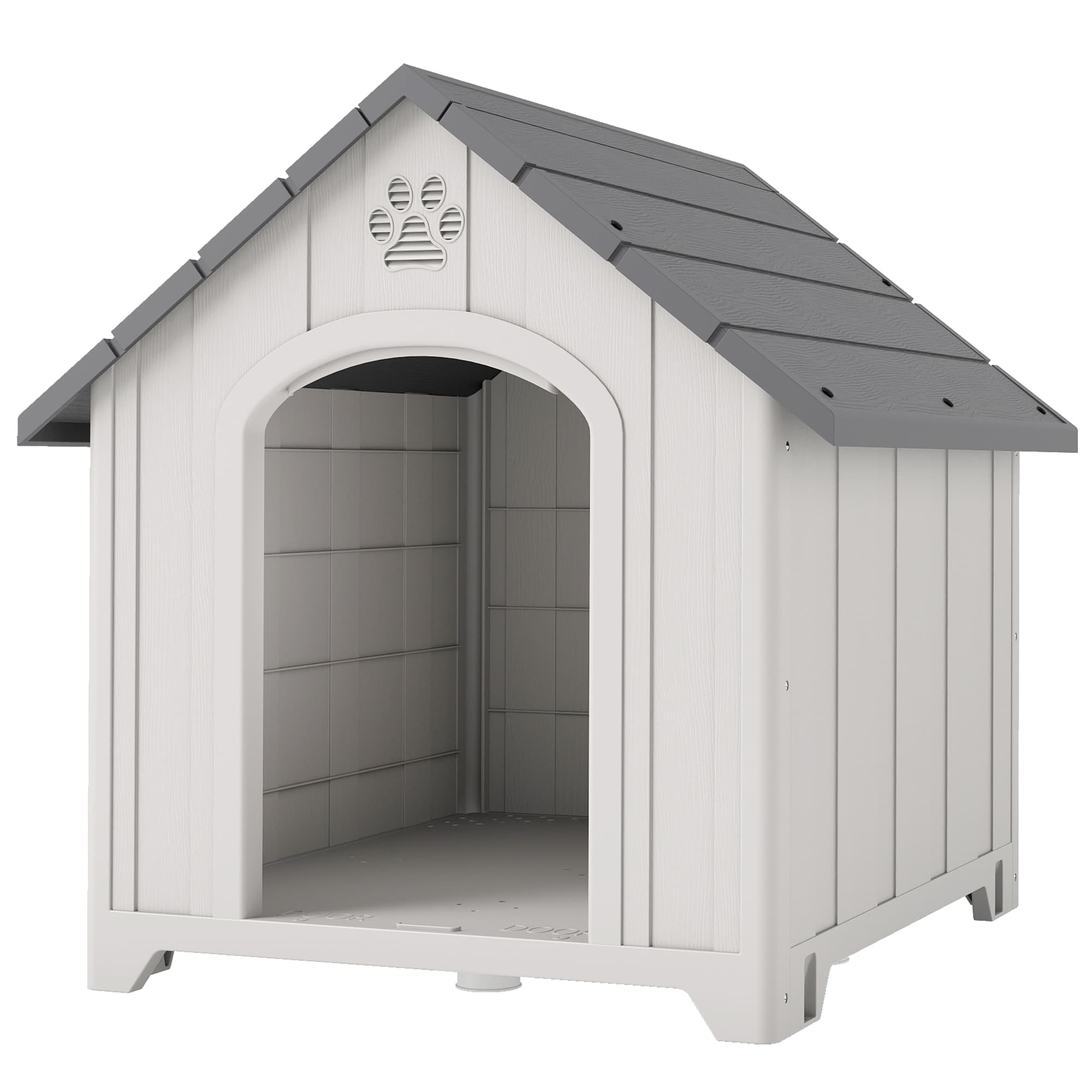 PawHut Niche pour chien extérieure Niche pour grands chiens en plastique avec 2 fenêtres Base surélevée Piquets Gris