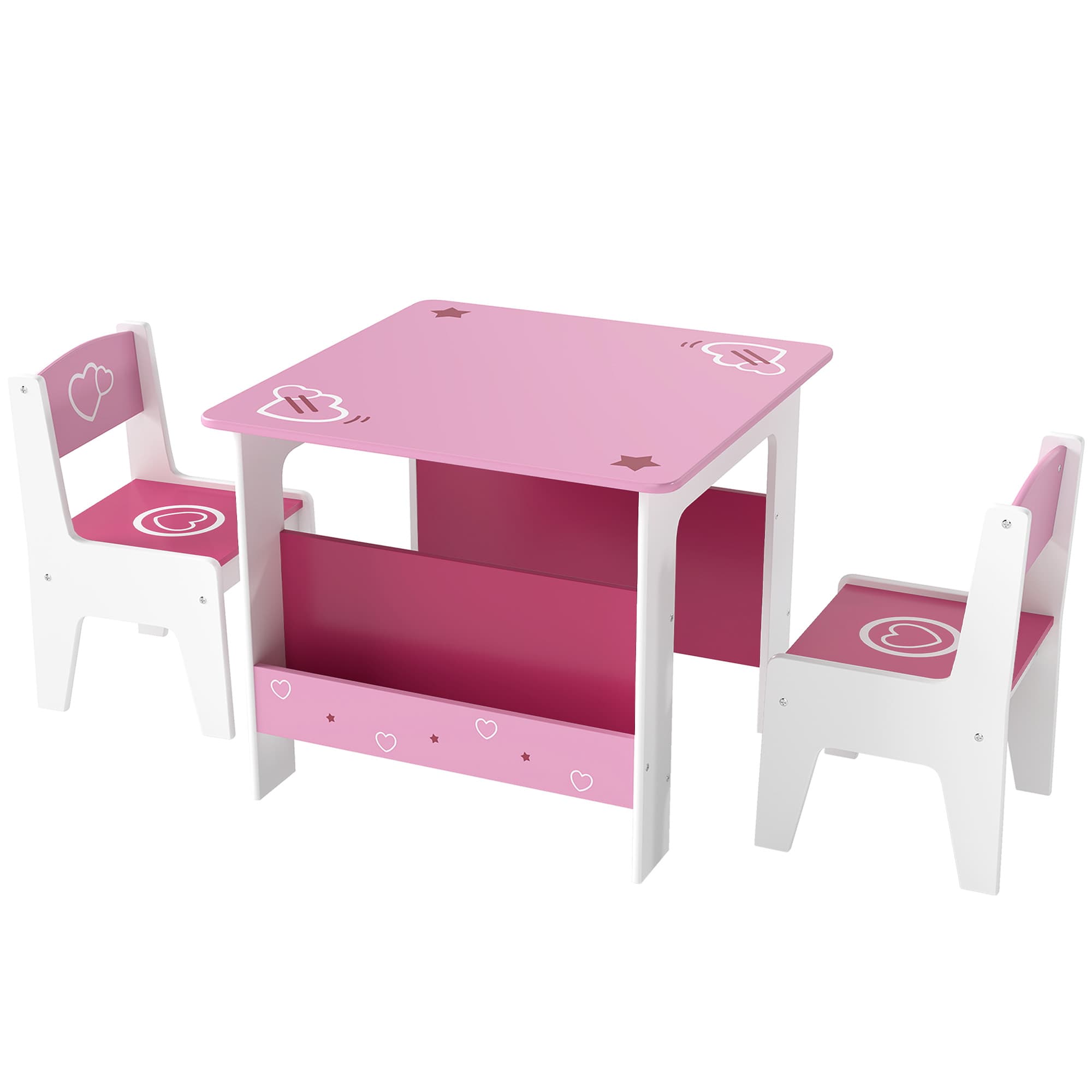 AIYAPLAY Ensemble table et 2 chaises pour enfants 3-8 ans, table en MDF avec étagère et motifs cœurs, rose