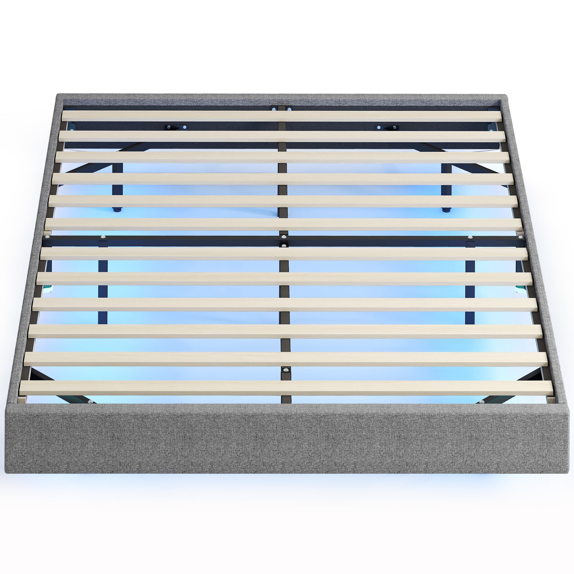 HOMCOM Sommier 140x190 cm avec lumières LED Structure de lit Revêtement effet lin Lattes en bois Facile à monter Gris