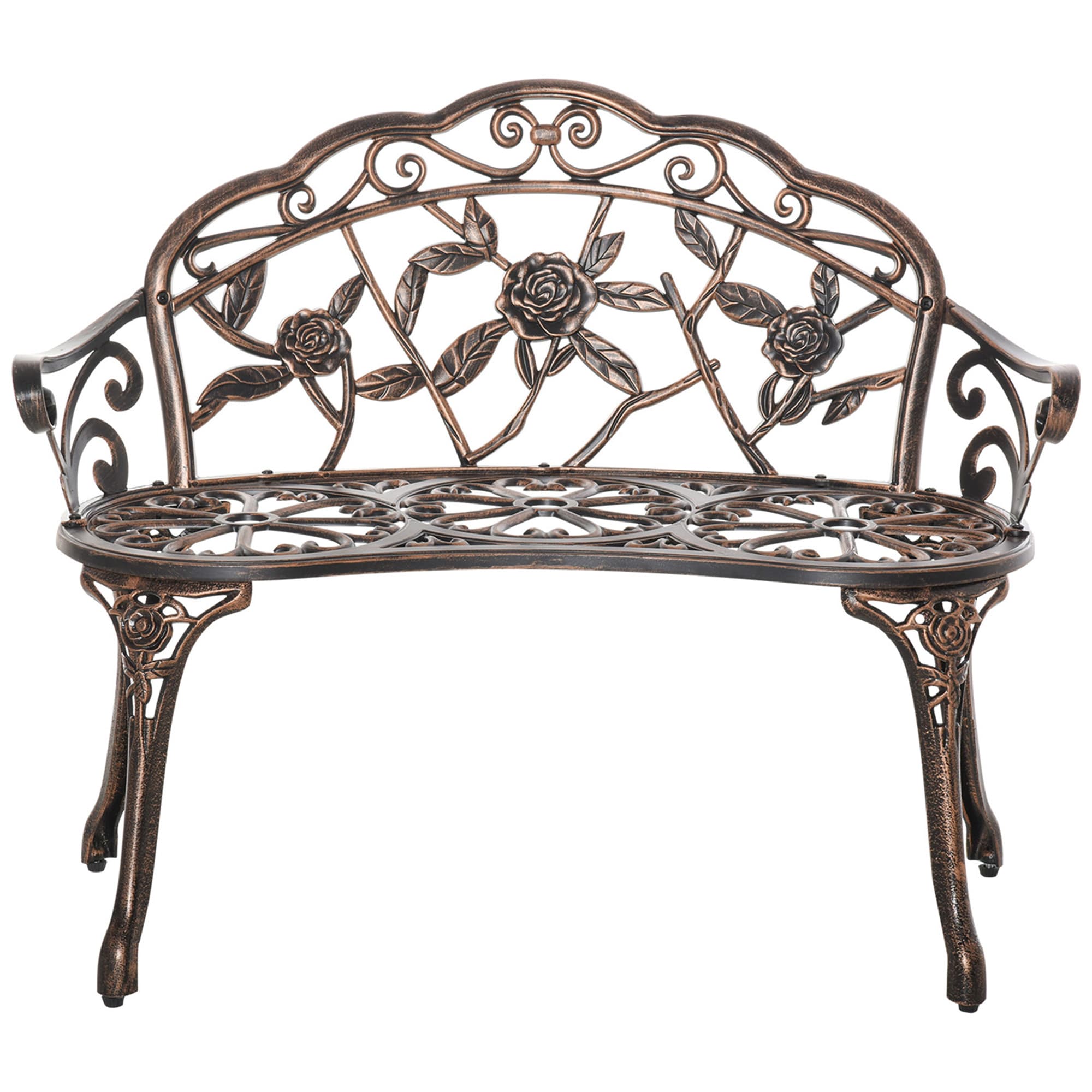 Outsunny Banquette de jardin 2 places en métal, banquette au style rétro, banc de parc à motif floral 100 x 54 x 78 cm, Bronze
