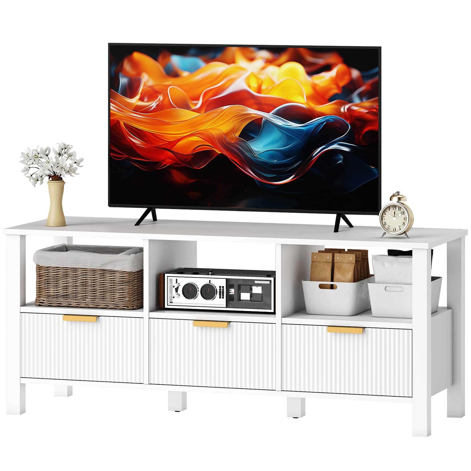 HOMCOM Meuble TV Moderne avec 3 Tiroirs et 3 Étagères Ouvertes pour Télévision 109,2-139,7 cm 120x39,5x50 cm Blanc