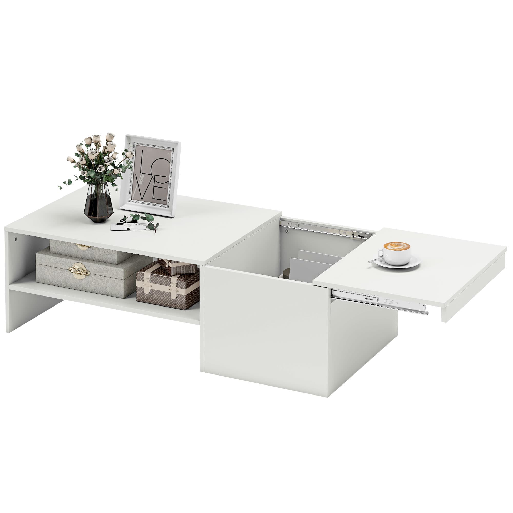 HOMCOM Table basse réglable, rails métalliques, panneau de particules, patins, Blanc
