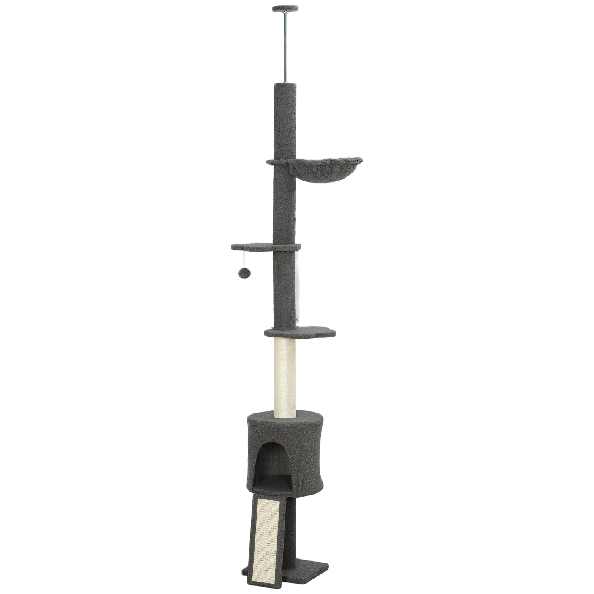 PawHut Arbre à Chat Plafonnier Haut 220-240 cm avec Hamac, Maisonnette, Plateformes en Fleur et Poteaux en Sisal, Gris