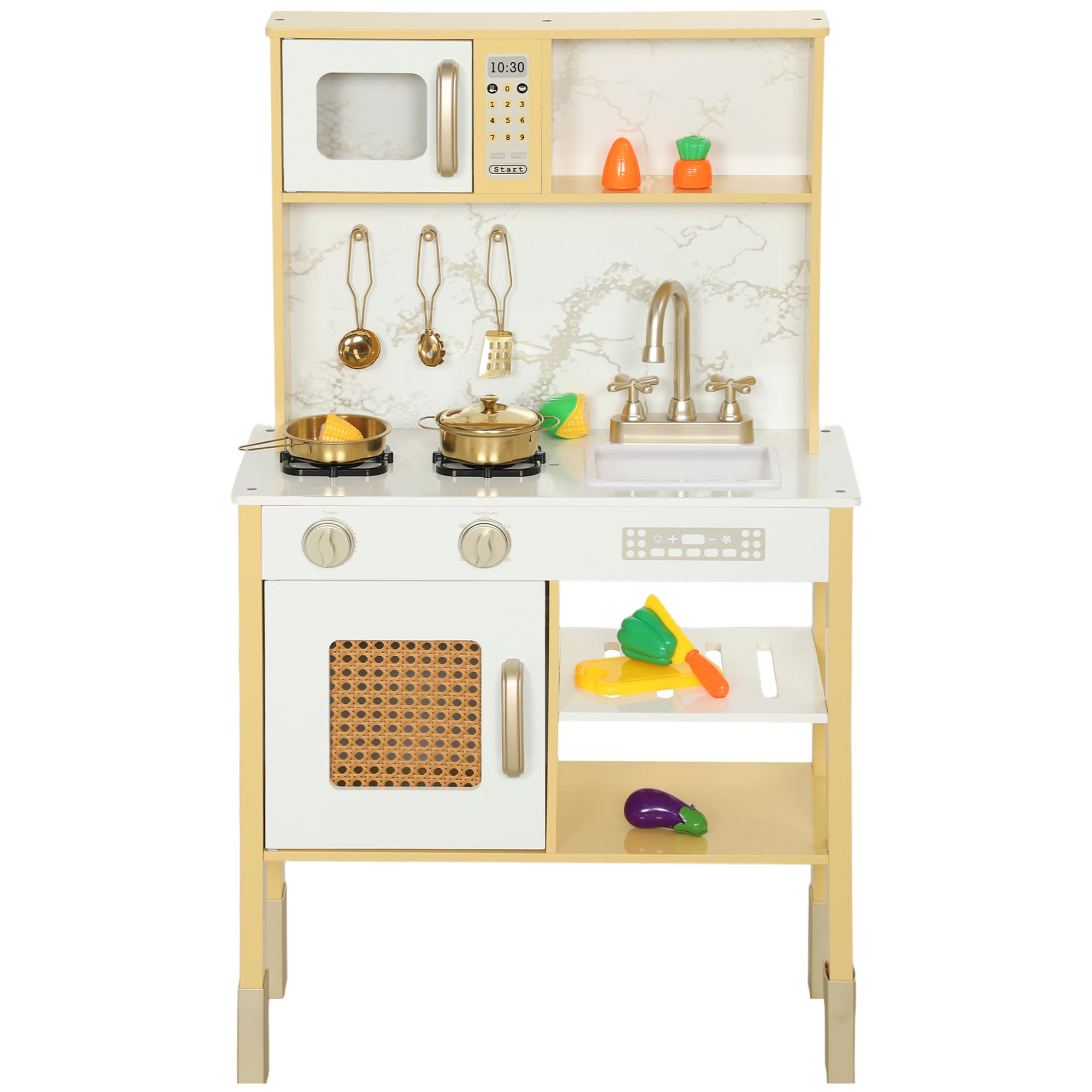 AIYAPLAY Cuisinette en bois avec sons, accessoires en acier inoxydable, légumes à découper, dorée