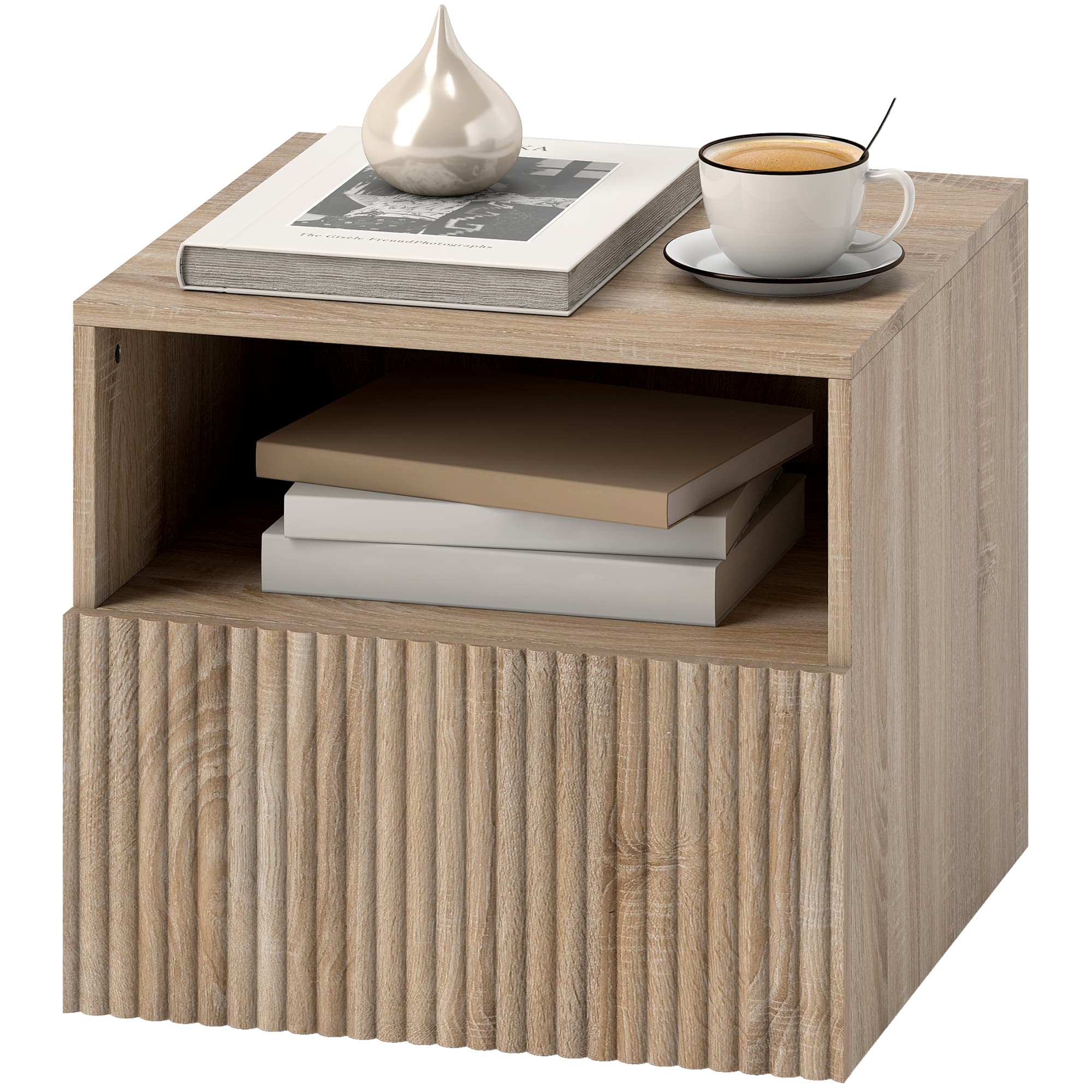 HOMCOM Table de chevet, design sans poignée, niche ouverte, tiroir, montage mural, brun clair