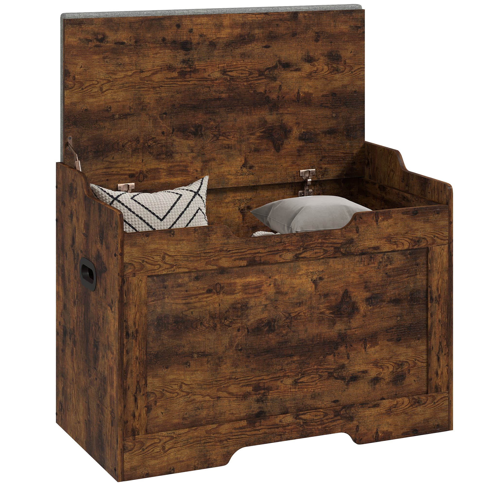 HOMCOM Banc-coffre 103L multifonction couleur bois avec coussin en tissu gris, 75x40x56 cm
