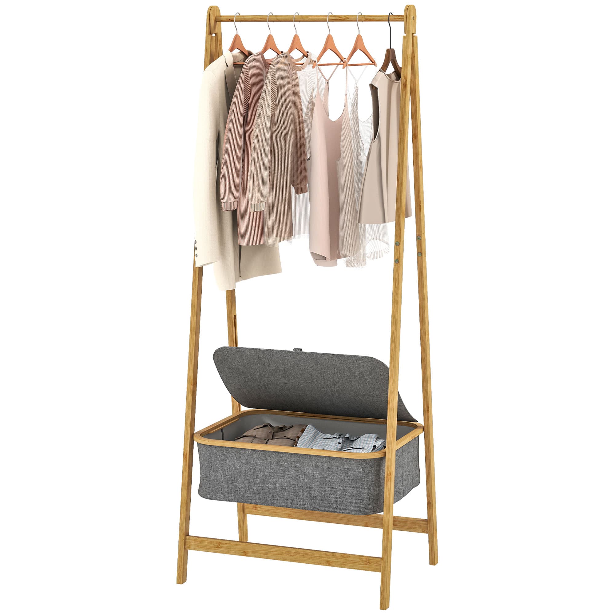 HOMCOM Portant pliable en bambou avec panier en tissu et couvercle pour entrée, couloir, chambre 60x44,5x157,5 cm Gris