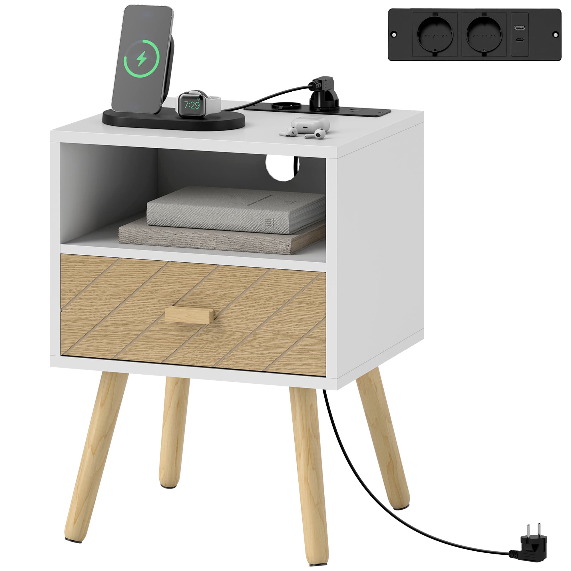 HOMCOM Table de Chevet avec Station de Charge Tiroir 2 Tomas AC Port USB Type-C Compartiment Ouvert Pieds en Bois Blanc