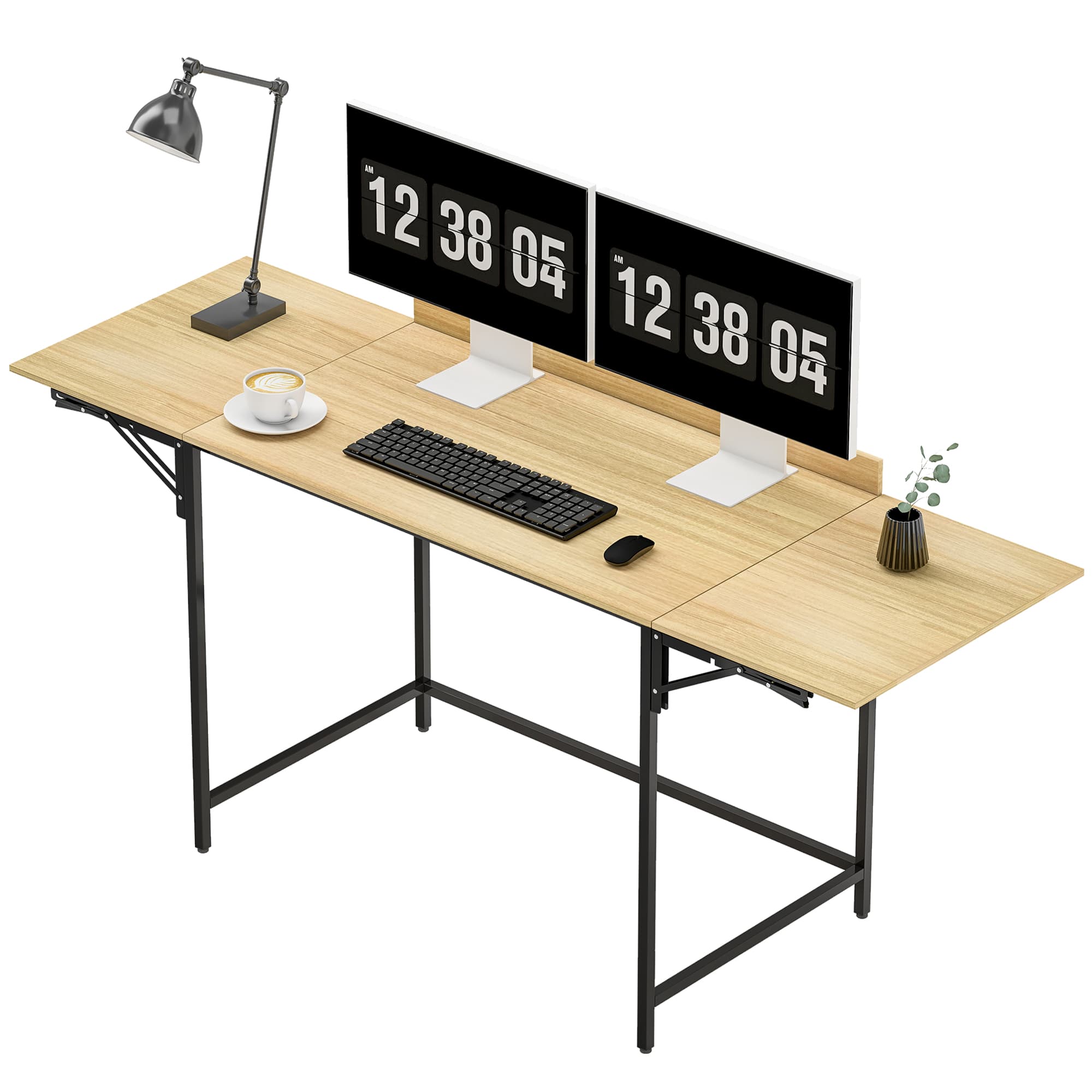 HOMCOM Bureau d'ordinateur pliant avec 2 plateaux extensibles, grand espace pour écrans, pieds métalliques, construction robuste, Chêne+Noir