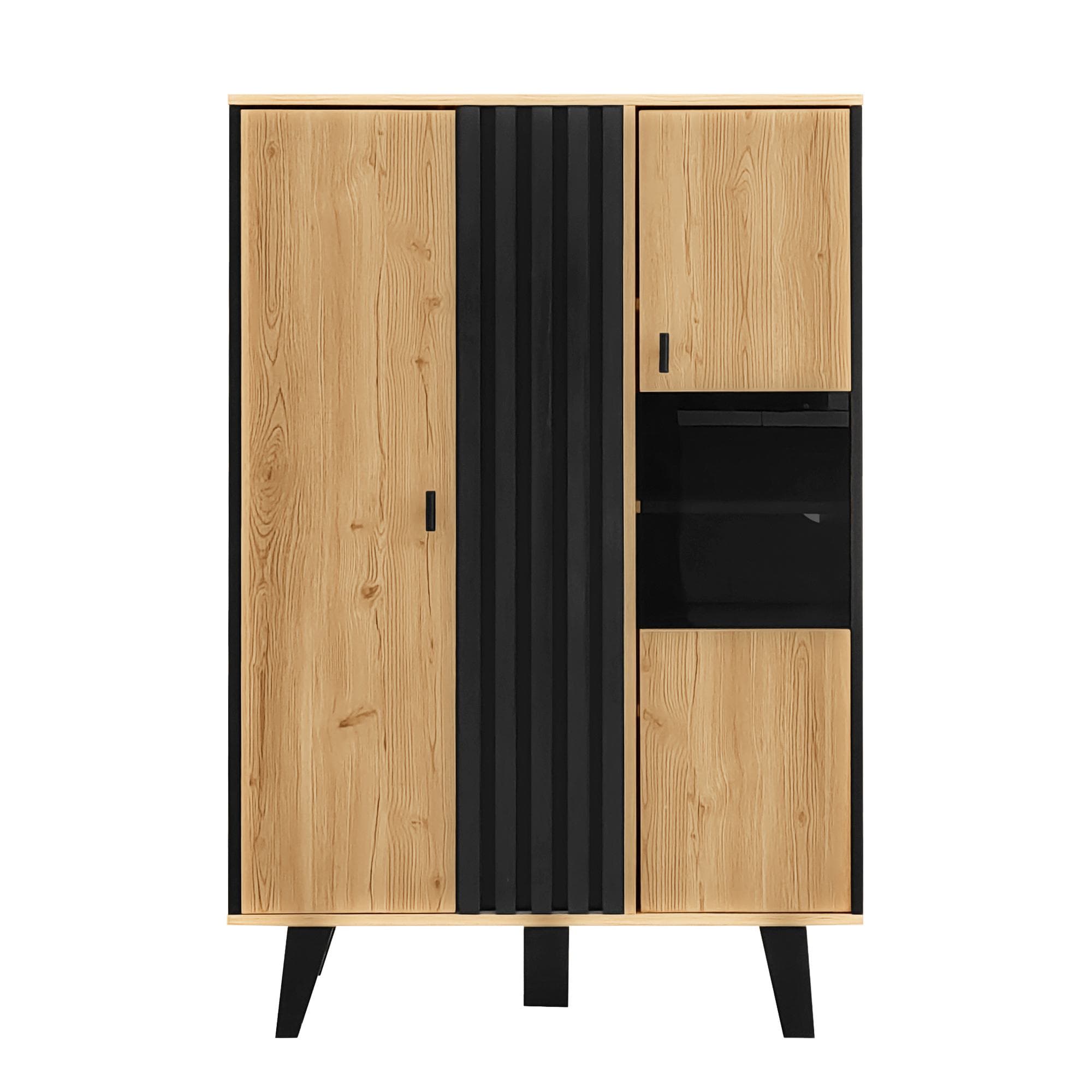 Meuble d'appoint avec vitrine, éclairage LED et verre, 80x40x120 cm, Couleur naturelle+Noir