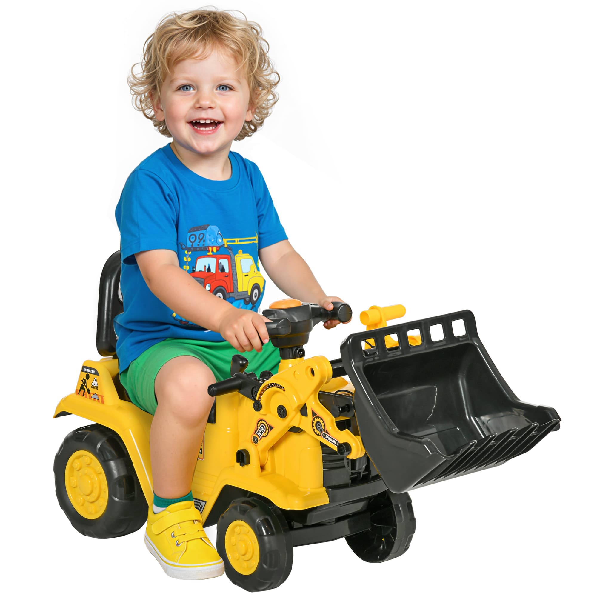 HOMCOM Porteur bulldozer pour enfants 3 ans tracteur tractopelle pelle volant avec klaxon jouet jeu de plein air plastique PP 80 x 26,5 x 39 cm jaune