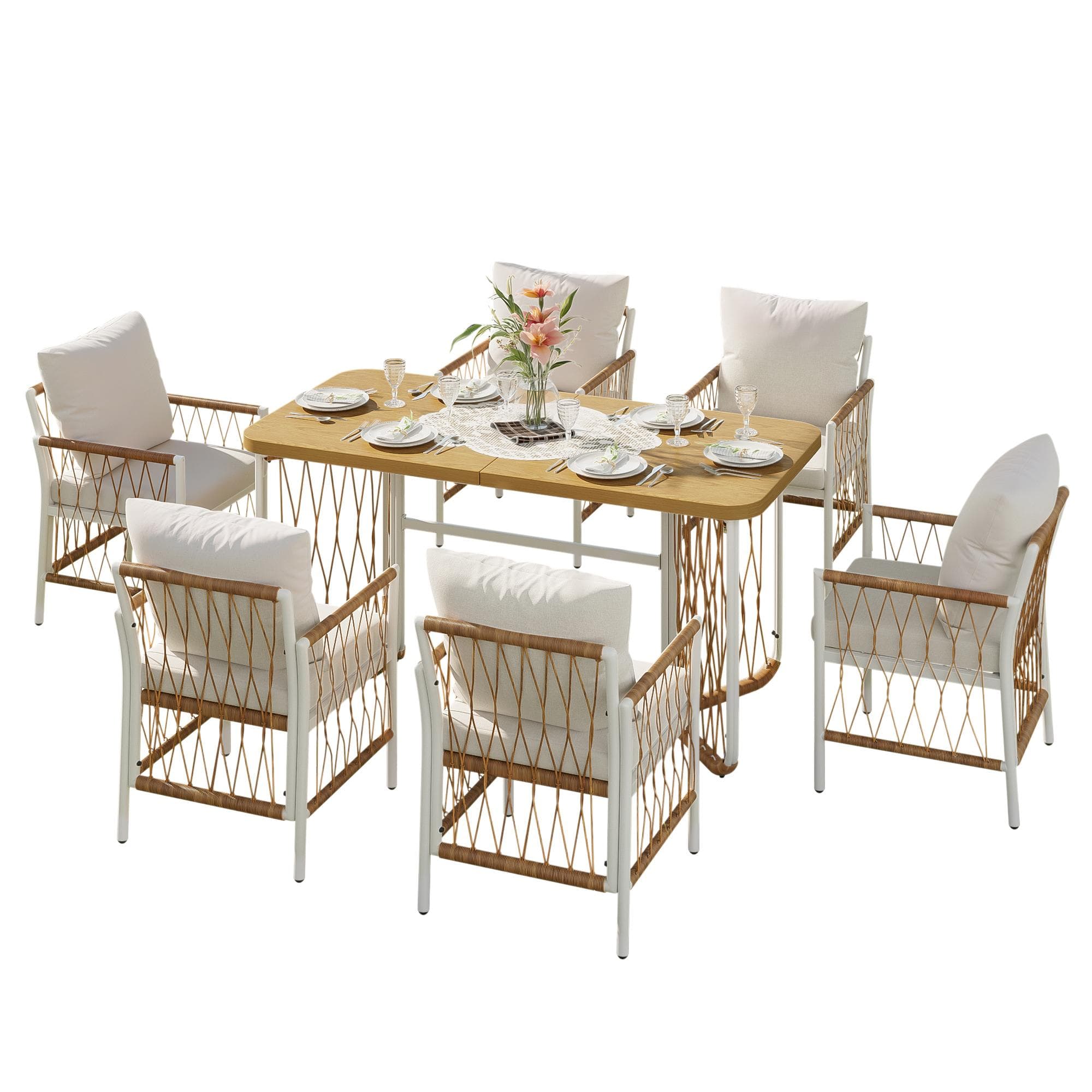 Ensemble de mobilier de jardin moderne 7 pièces, structure en fer blanc avec accoudoirs tressés, 1 table + 6 chaises, Beige+Couleur naturelle