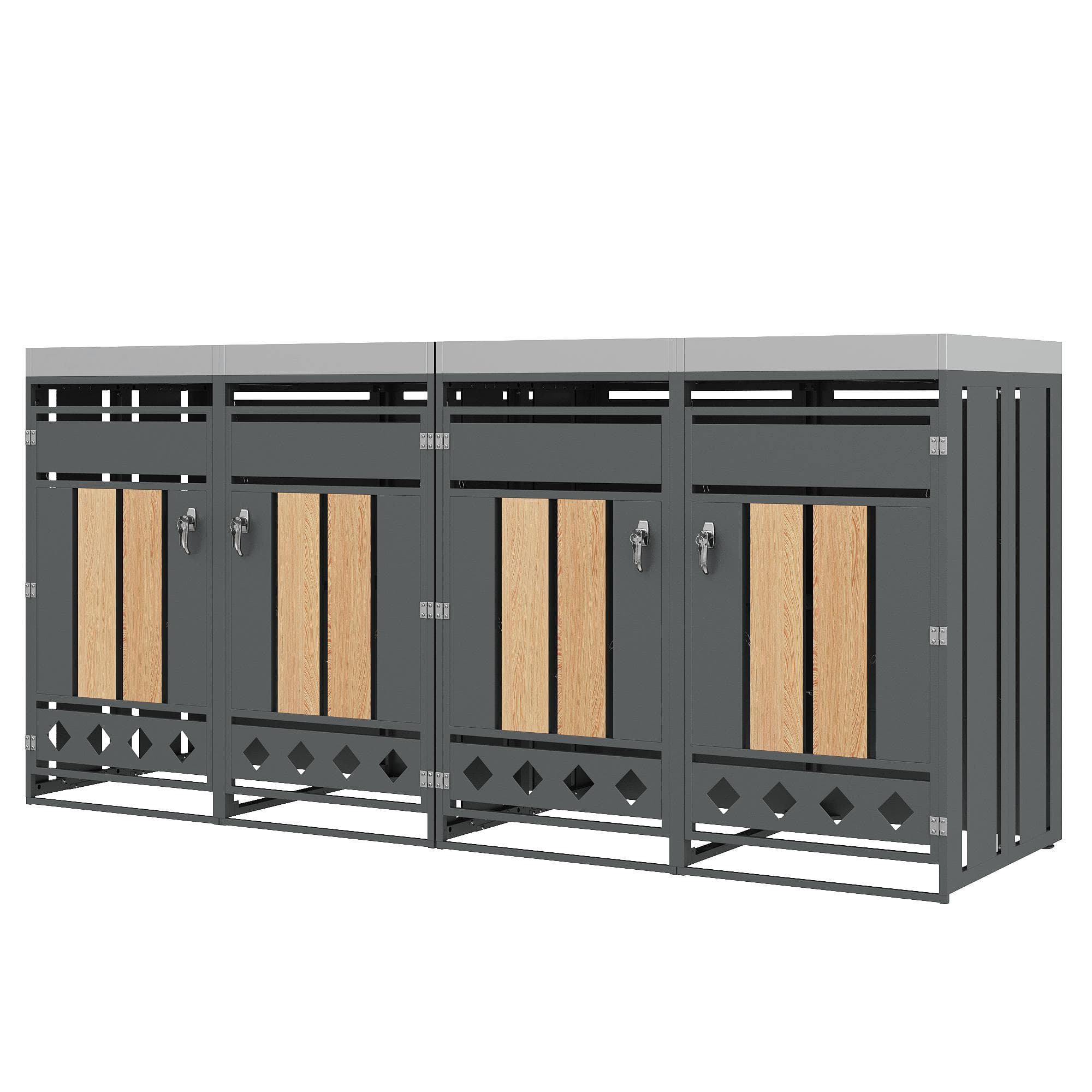 Armoire pour poubelles à 4 compartiments, bac à plantes intégré et portes verrouillables, 264x80x124,5 cm, Gris+Couleur naturelle