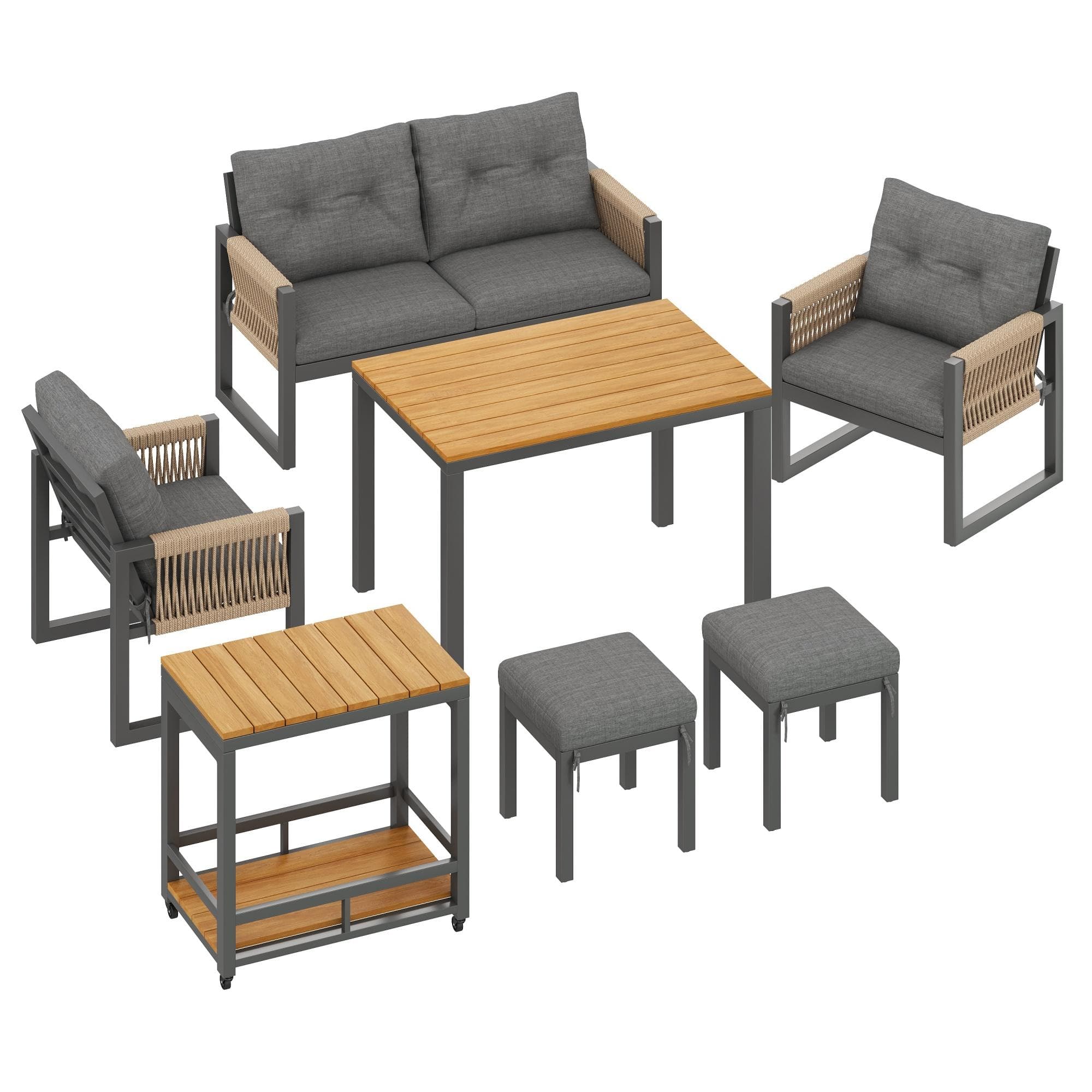 Ensemble canapé d'extérieur moderne, table amovible, accoudoirs tressés et coussins d'assise épais, Gris+Couleur naturelle