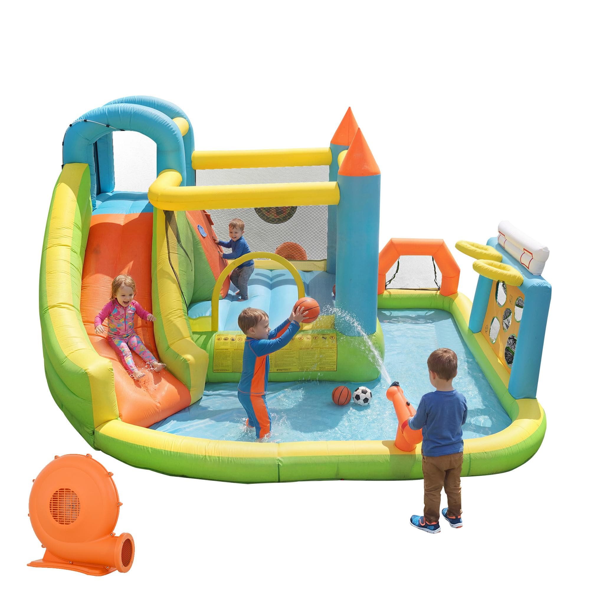 Château gonflable parc aquatique pour enfants, avec toboggan et pataugeoire, pour 3–10 ans, 360x320x200 cm, Multicolore