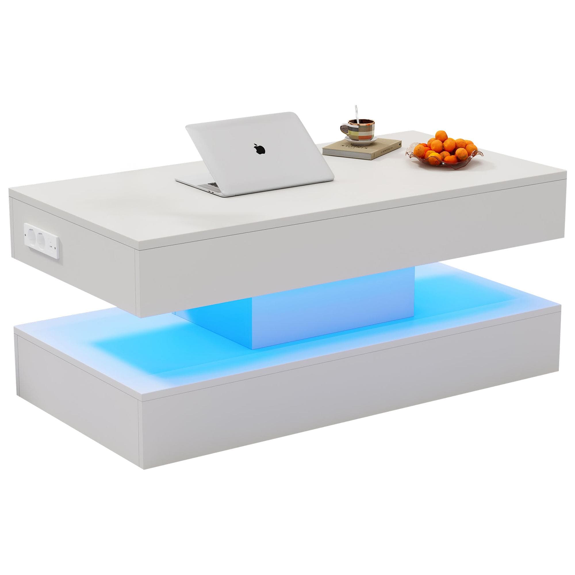 Table basse moderne avec éclairage LED et rangement dissimulé, table d'appoint avec relevage hydraulique, 100x50x42 cm, Blanc