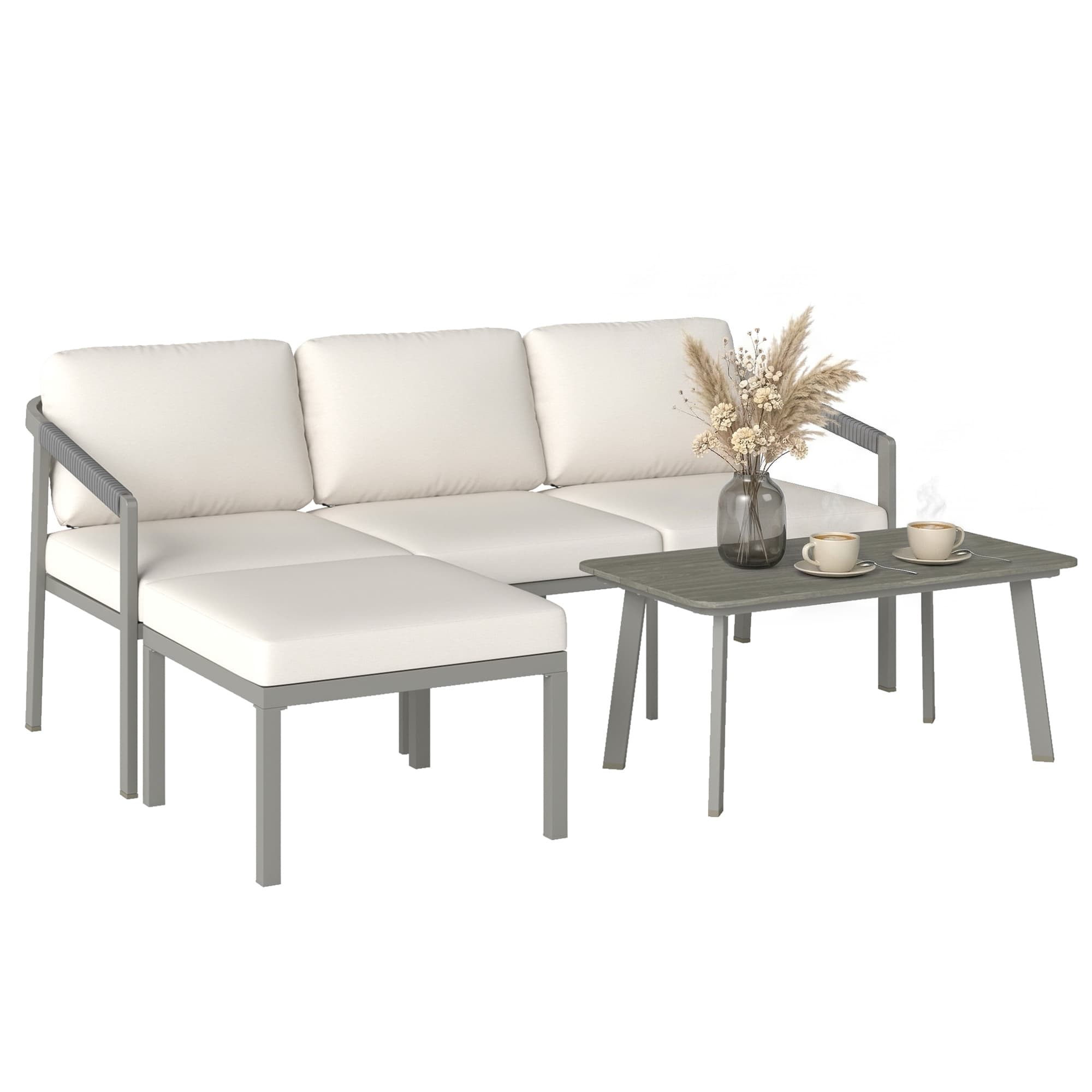 Outsunny Ensemble de Jardin Extérieur de 3 Pièces avec Canapé 3 Places Repose-pieds Table Basse et Coussins Marron et beige