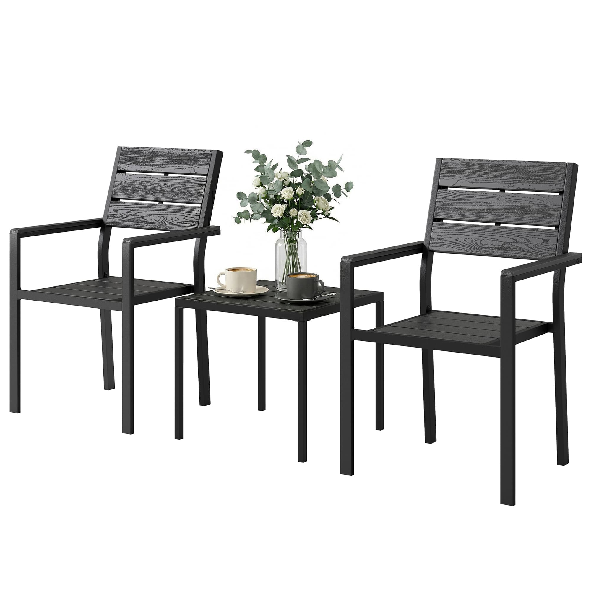 Outsunny Ensemble bistro de jardin 3 pièces Table bistro avec 2 chaises Design à lames Aspect bois Plateau en HDPE Résistant à la rouille