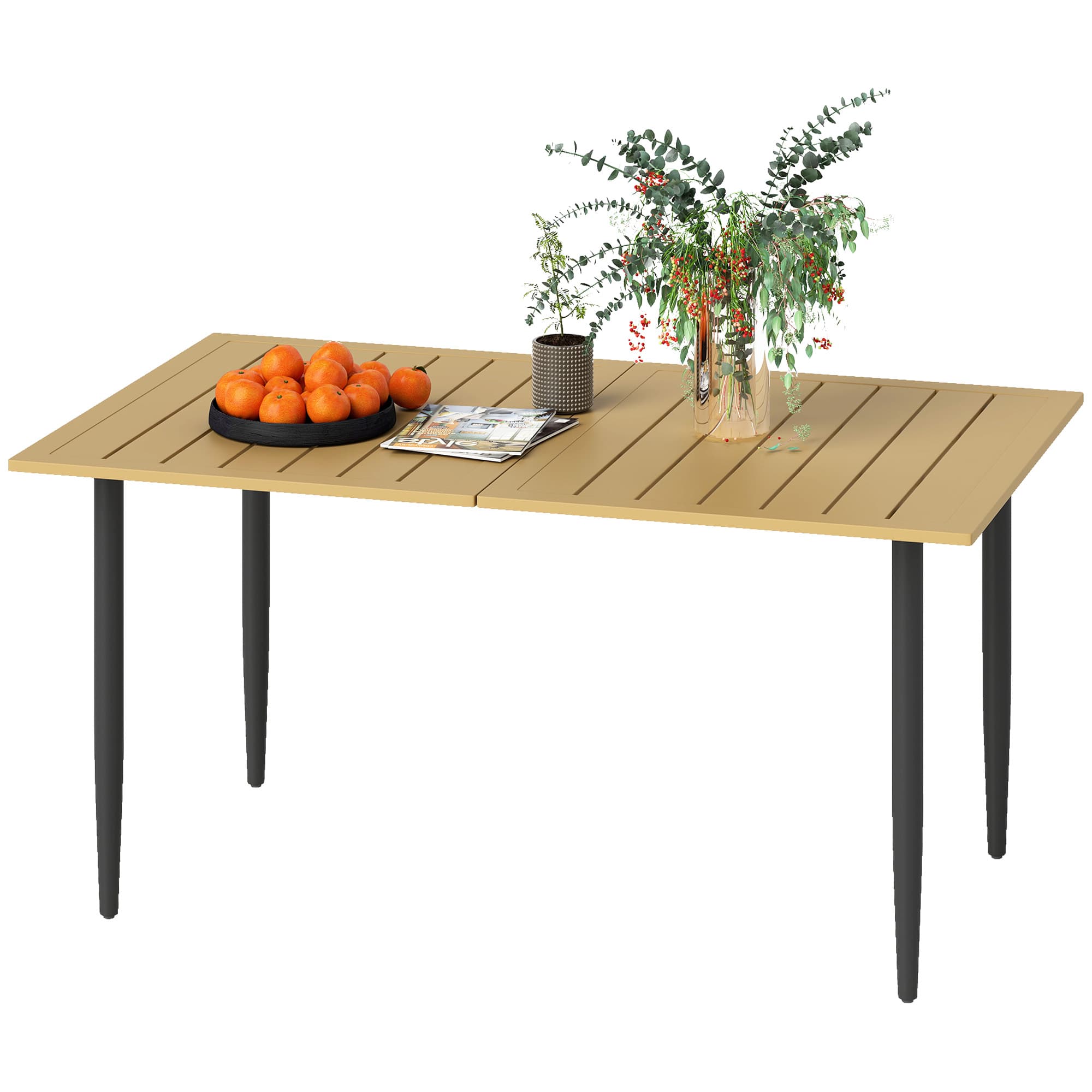 Outsunny Table de jardin 150x90cm, Table de balcon résistante aux intempéries en acier, Table de balcon avec trou pour parasol Marron