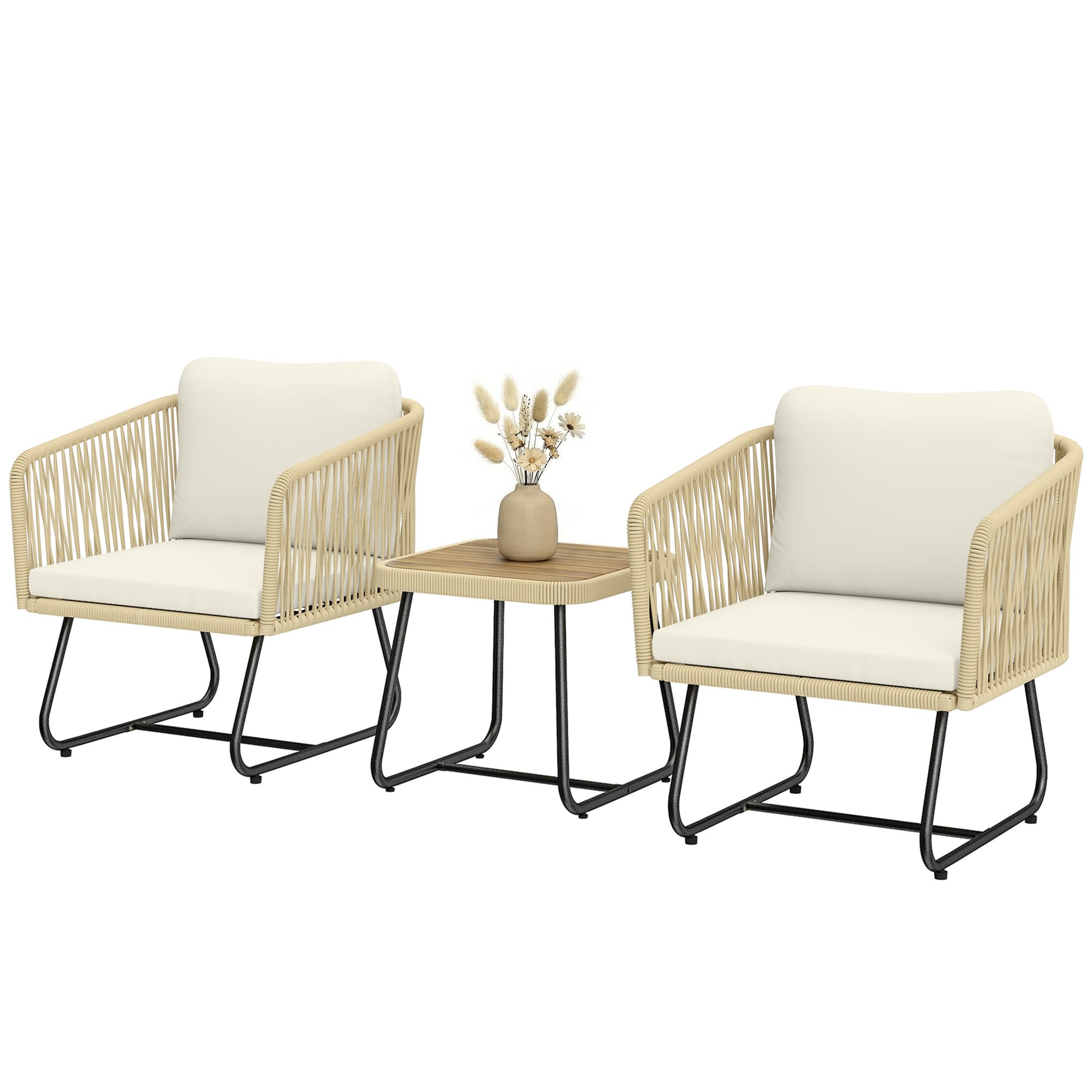 Outsunny Set bistro en rotin 3 pièces - ensemble de jardin FSC avec 2 fauteuils, table en bois à lames, coussins épais lavables, cadre en acier
