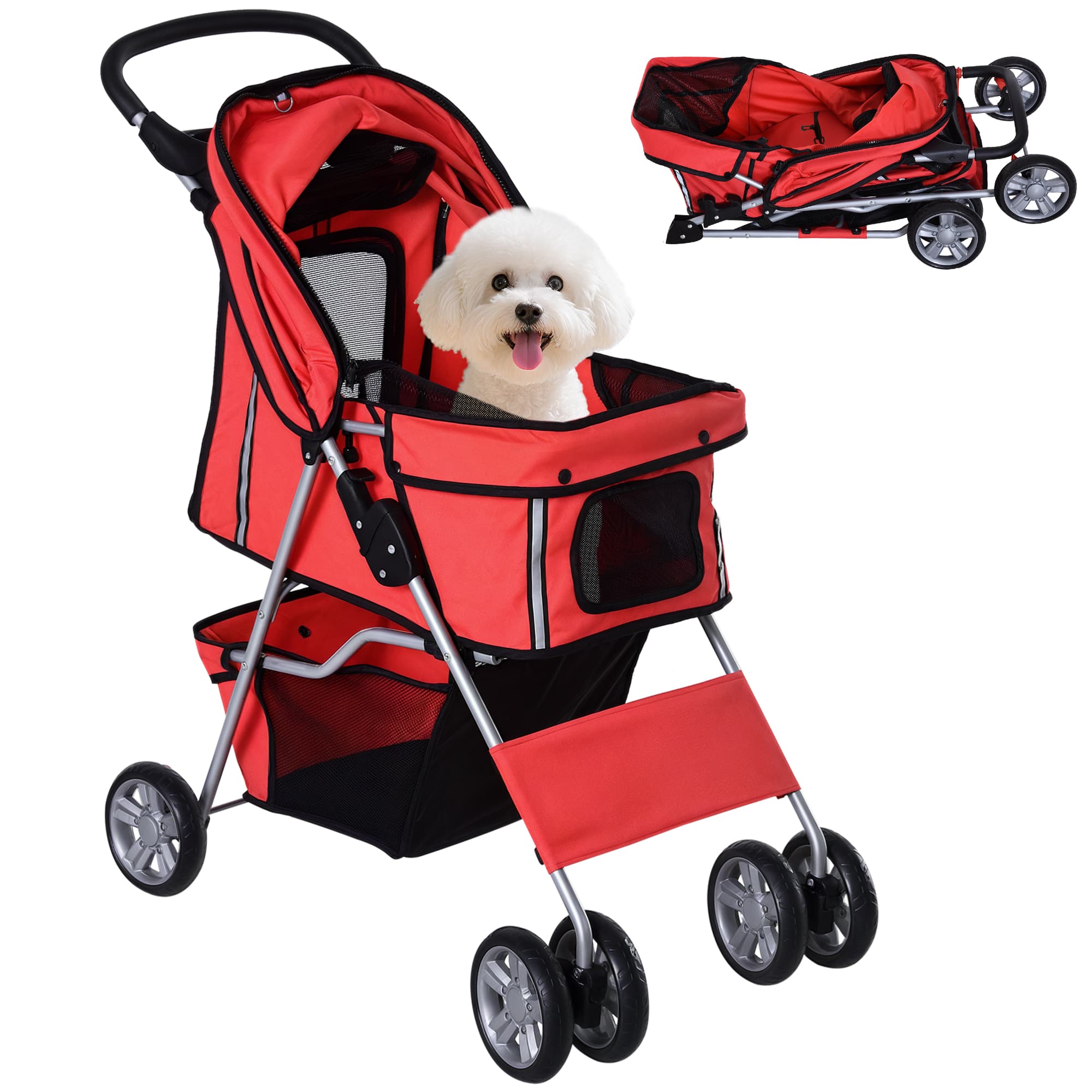 PawHut Poussette buggy pour animaux pliante porte-gobelet panier de rangement inclus roues avec frein tissu 600D Oxford acier 75 x 45 x 97 cm rouge