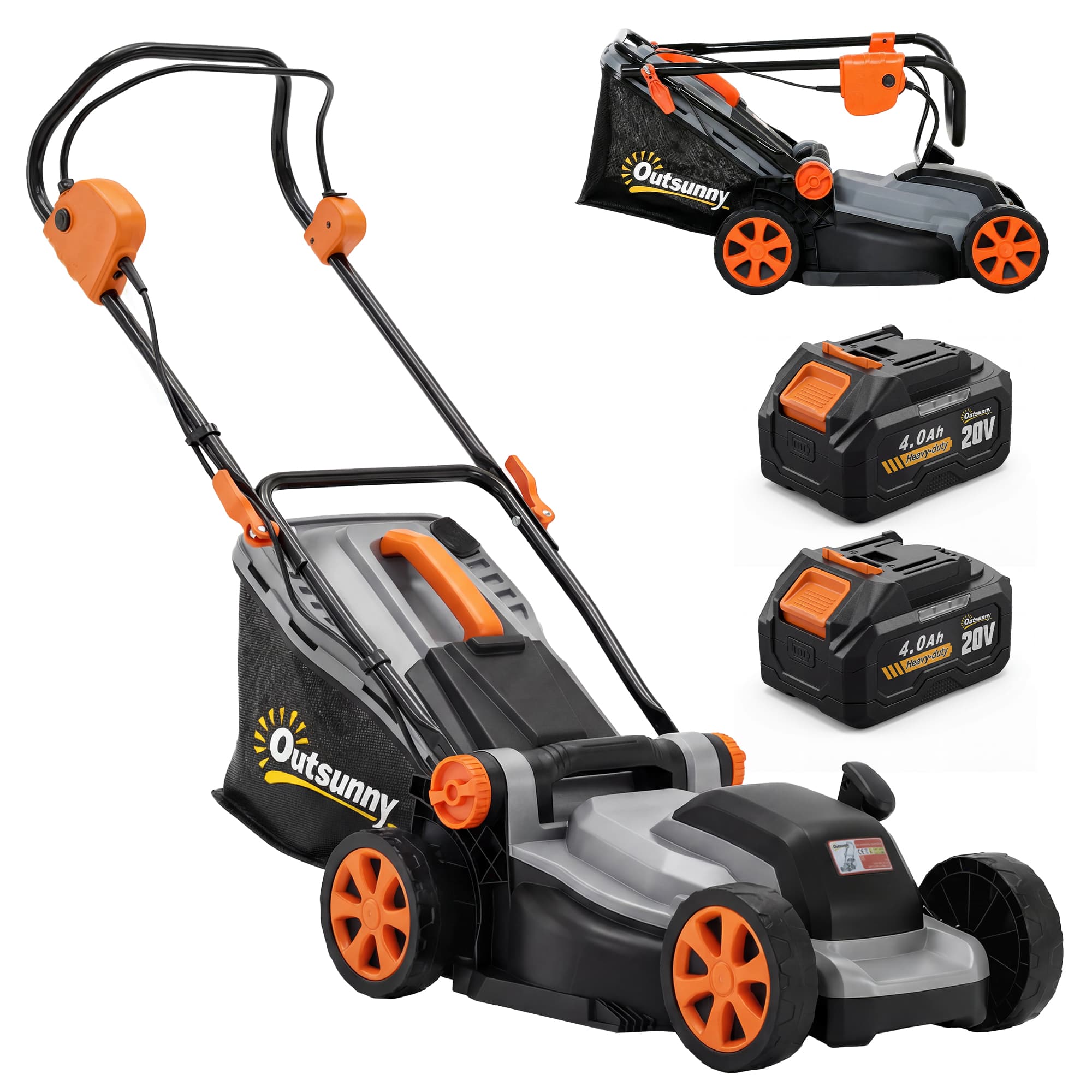 Outsunny Tondeuse à Gazon sans Fil 18V x2 Moteur Brushless 700W 2x4.0Ah Batteries pour 400m2 Largeur 34cm Silencieux Gris Clair