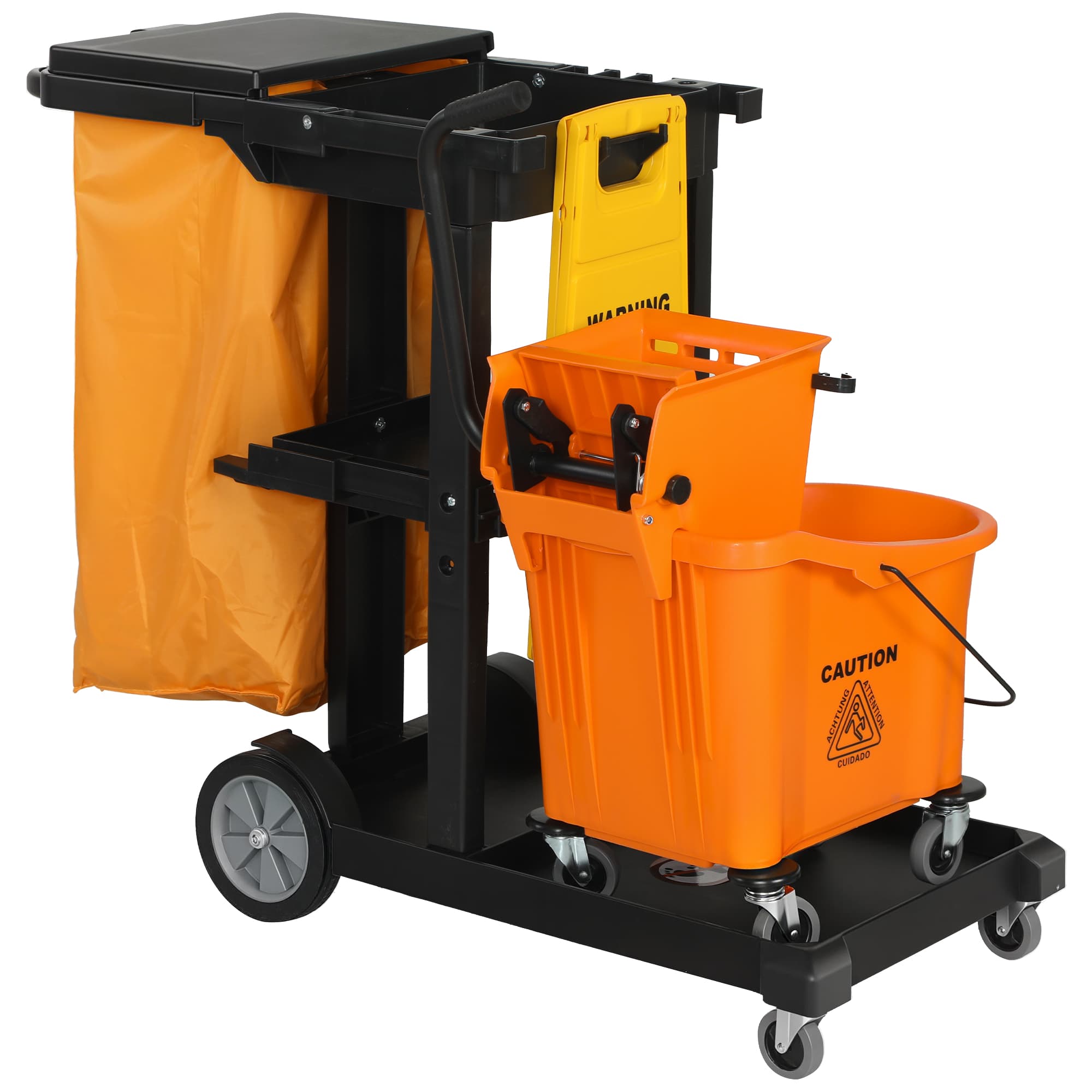 HOMCOM Chariot de nettoyage : Roues, 3 plateaux, Sac 70L, Seau avec essoreur.