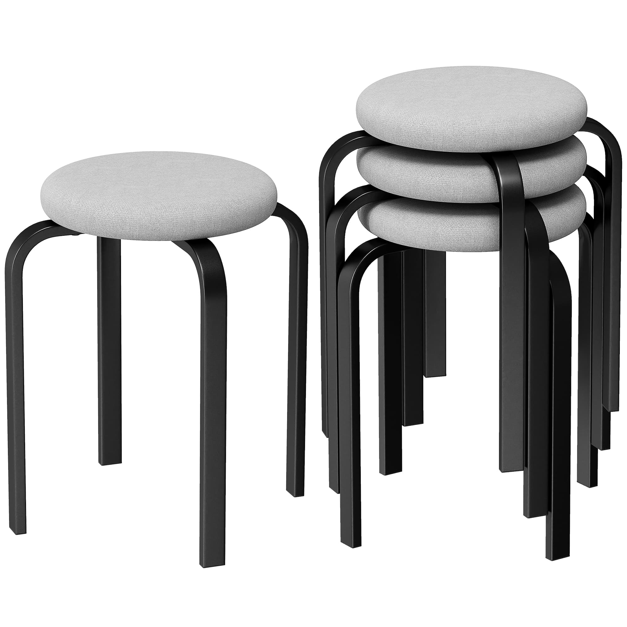 HOMCOM Lot de 4 tabourets empilables, tabourets ronds rembourrés modernes sans dossier pour cuisine, salle à manger, Gris