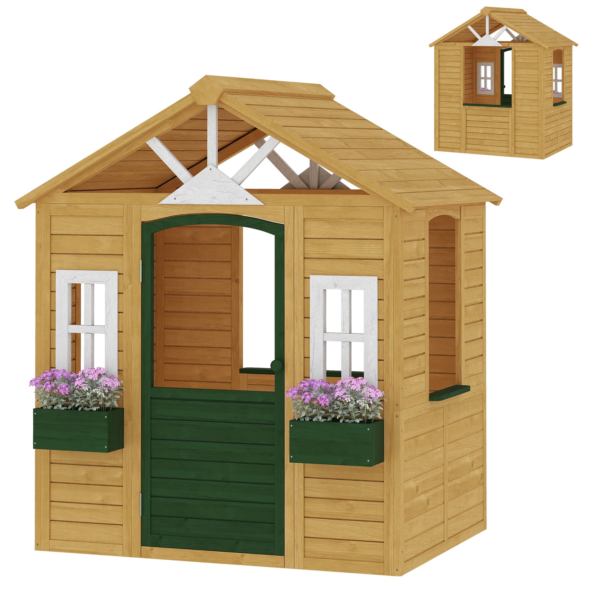 AIYAPLAY Maisonnette de jardin pour enfants en bois d'épicéa avec fenêtres, 2 jardinières, porte et toit, 3-8 ans, Marron