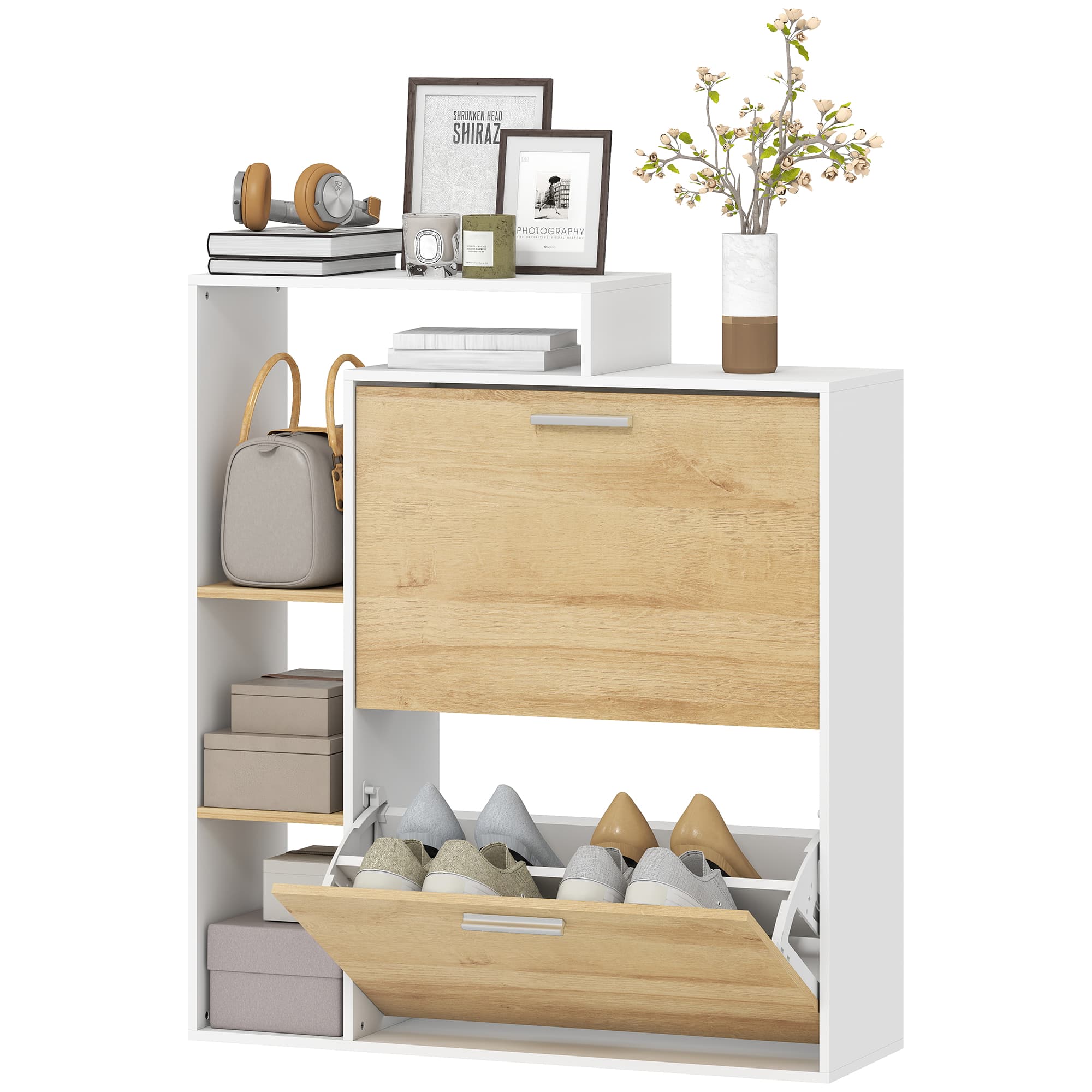 HOMCOM Meuble à chaussures avec 2 tiroirs basculants et étagères, Blanc et bois naturel.