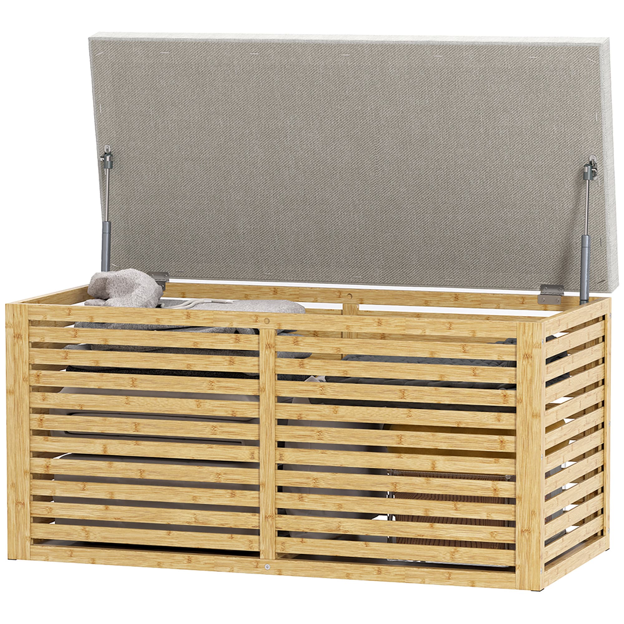HOMCOM Banc de rangement, coffre de rangement rembourré en tissu aspect lin, couvercle et structure en bambou, gris et naturel