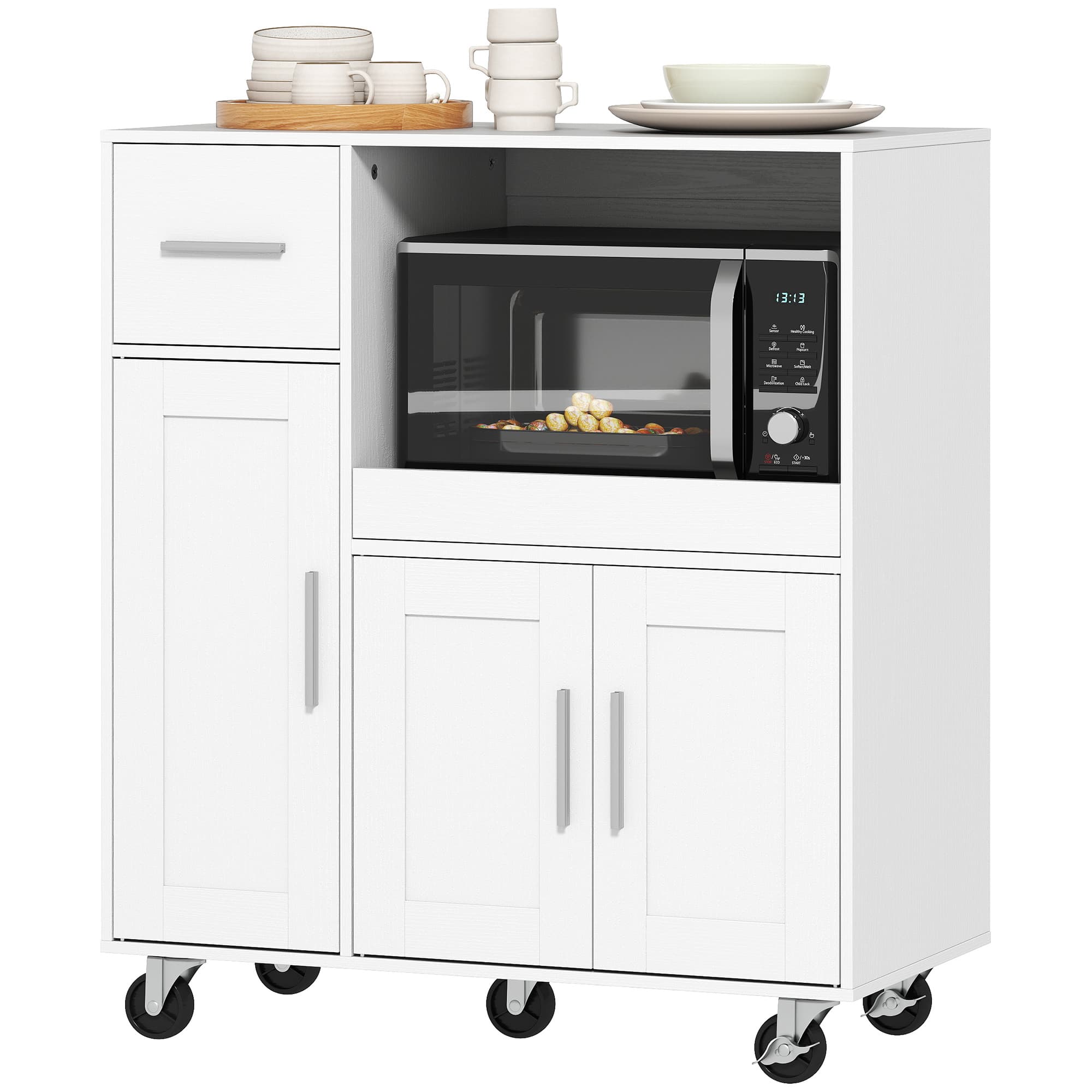 HOMCOM Desserte cuisine à roulettes, meuble micro onde, plateau coulissant, tiroir, placards 3 portes, 80x40x88,7cm, blanc