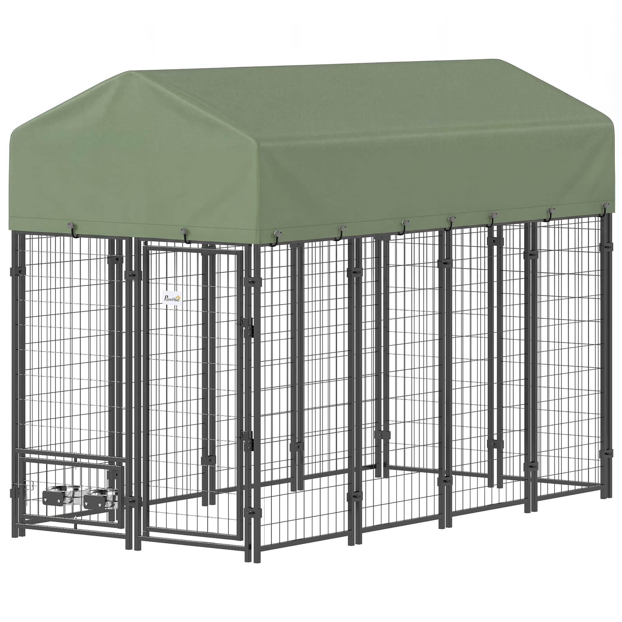 PawHut Enclos pour Chiens d'Extérieur en Acier avec Toit en Tissu Oxford, Anti-UV, Imperméable, 2 Bols, Vert