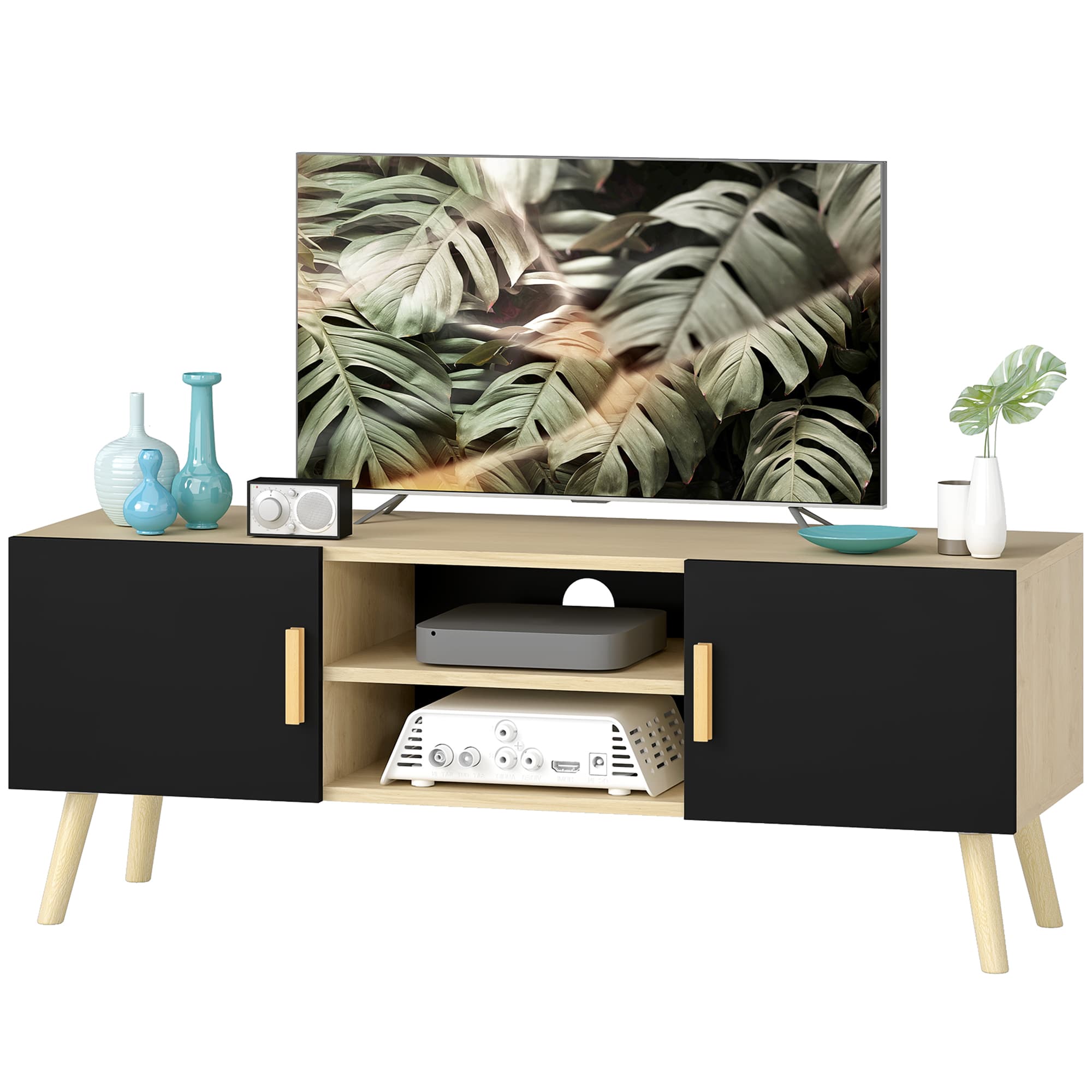 HOMCOM Meuble TV meuble télé bois banc TV jusqu'à 50 pouces avec étagères, 2 placards et passe-câbles, chêne