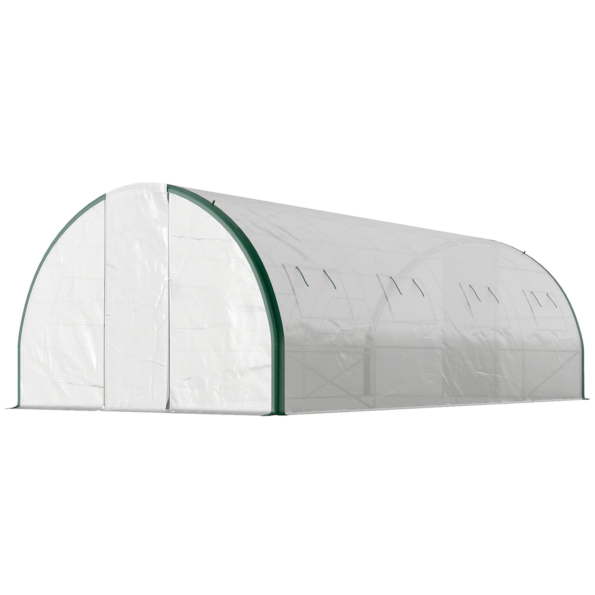 Outsunny Serre tunnel de jardin 18m2, serre de jardin tunnel avec portes et 8 fenêtres, bâche PE 140g/m2 600 x 300 x 200 cm blanc