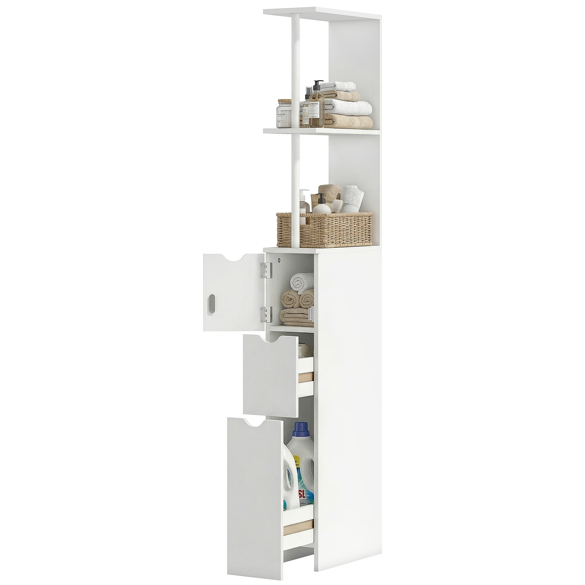 HOMCOM Meuble colonne salle de bain armoire de salle de bain avec tiroirs étagères ouvertes placard 15 x 33 x 136,5 cm blanc