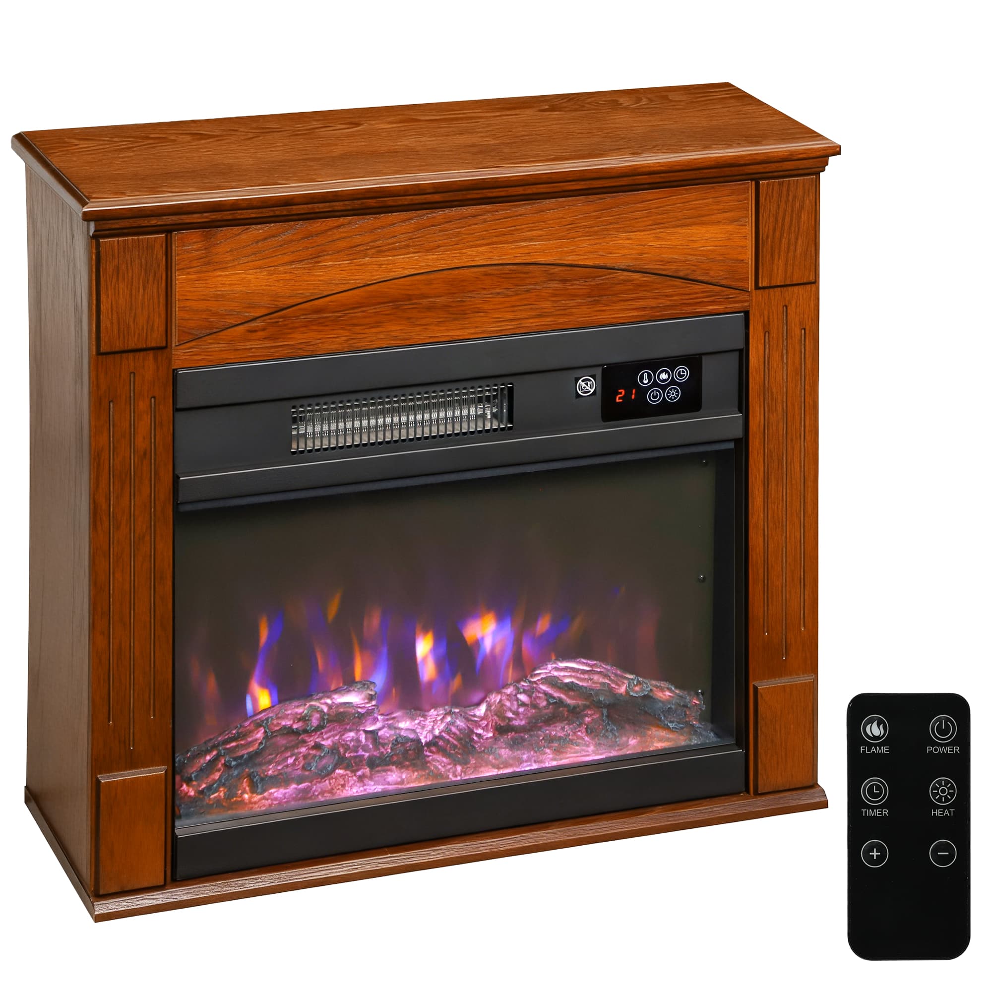 HOMCOM Cheminée électrique 1000W/2000W, fausse cheminée effet flamme 3D à 6 couleurs et 3 luminosités, 68,5x27,5x63cm, marron