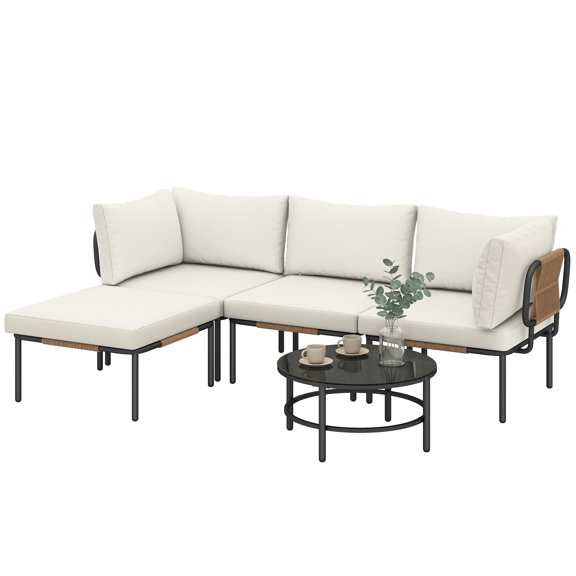 Outsunny Ensemble Jardin 5 Pièces, Rotin Modulable en L avec Coussins, Couleur Kaki