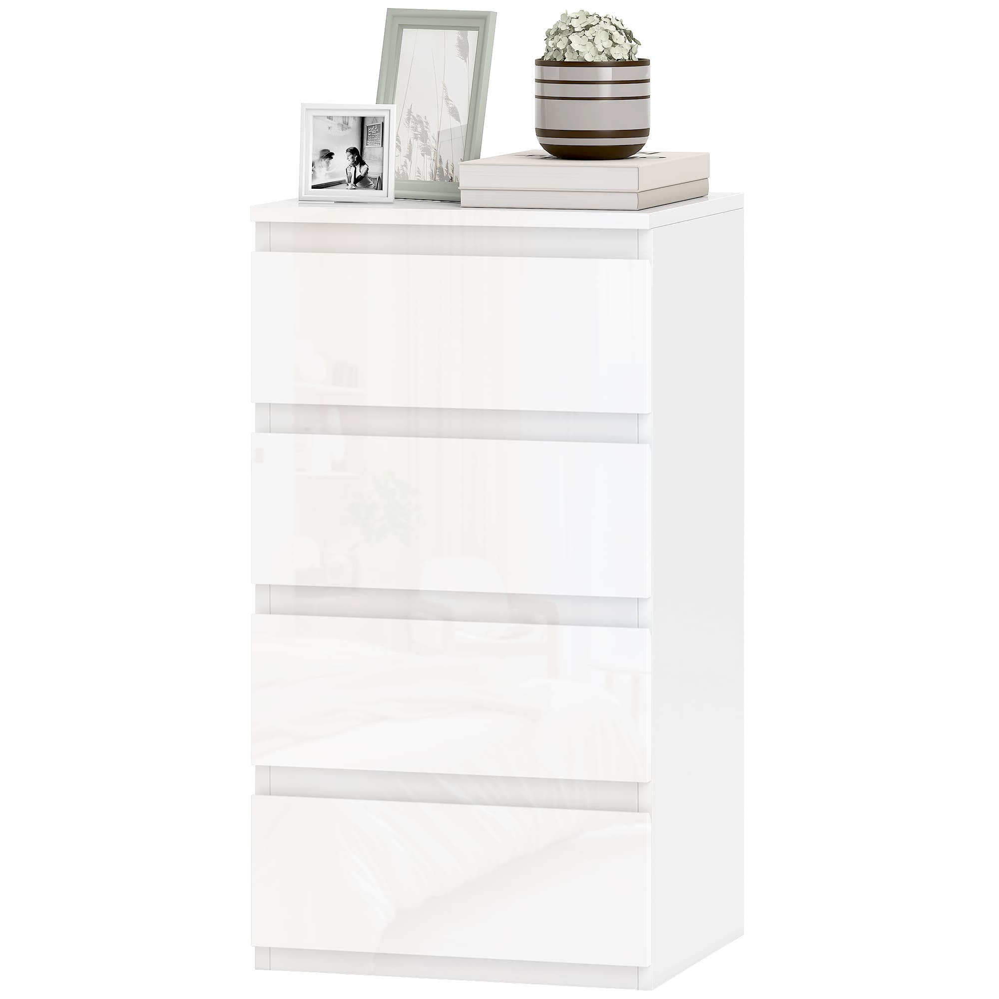 HOMCOM Commode slim, 4 tiroirs laqués, blanc, pour chambre.