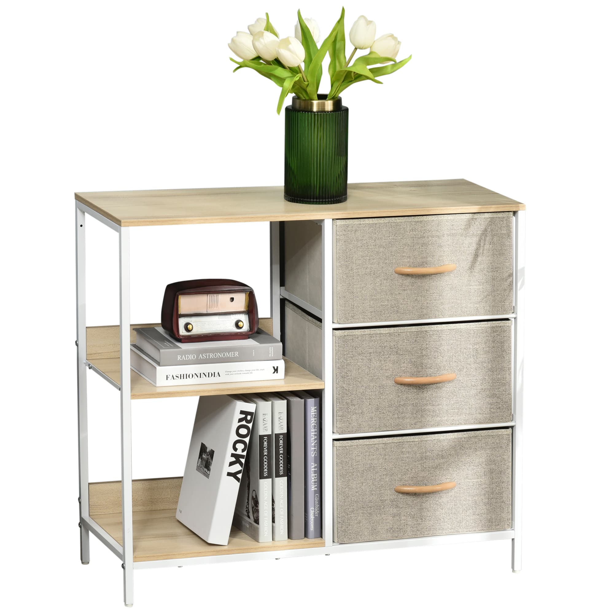 Outsunny Commode 3 Tiroirs Amovibles en Tissu Beige avec Étagères Aosom France