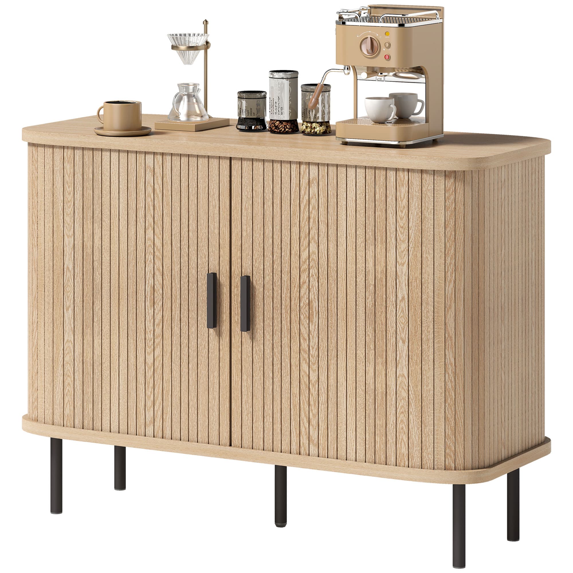 HOMCOM Buffet salon, meuble de rangement avec 2 portes coulissantes en tambour à lattes et 4 compartiments, chêne