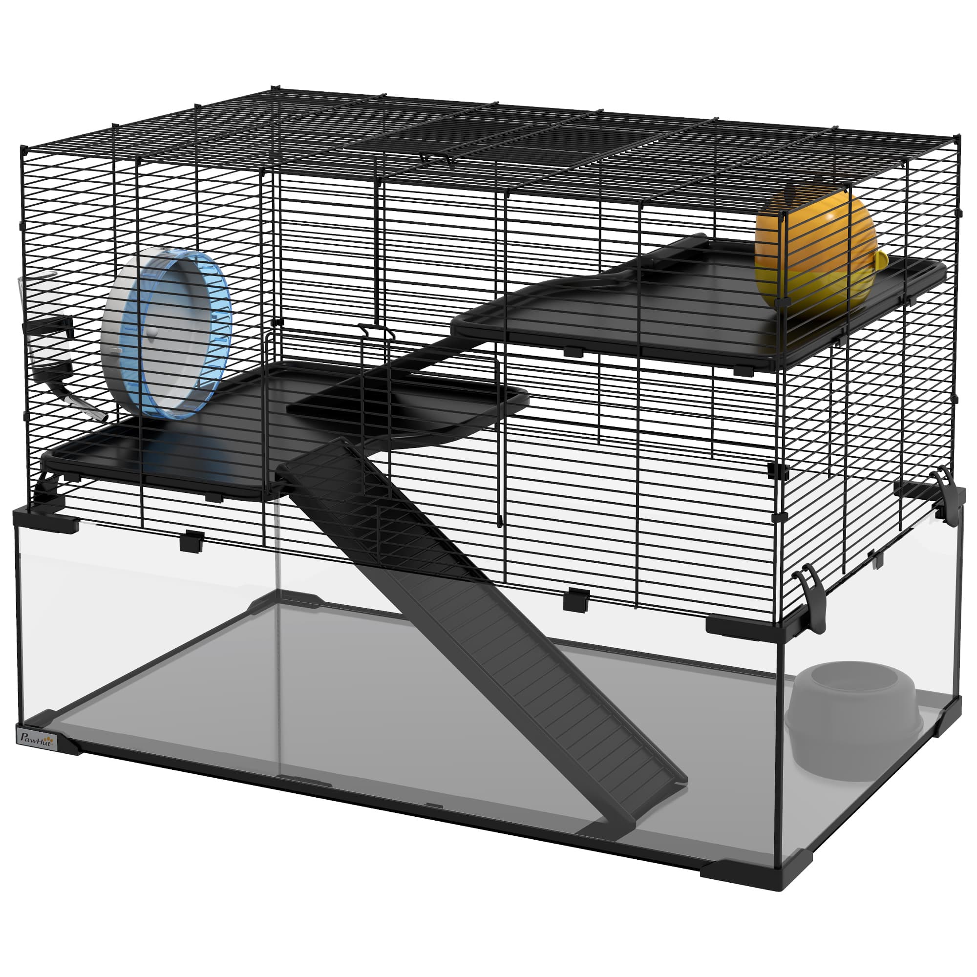 PawHut Cage hamster cage rongeur 3 niveaux avec roue rampes maisonnette abreuvoir mangeoire 76,5L x 48,5l x 54,5H cm noir