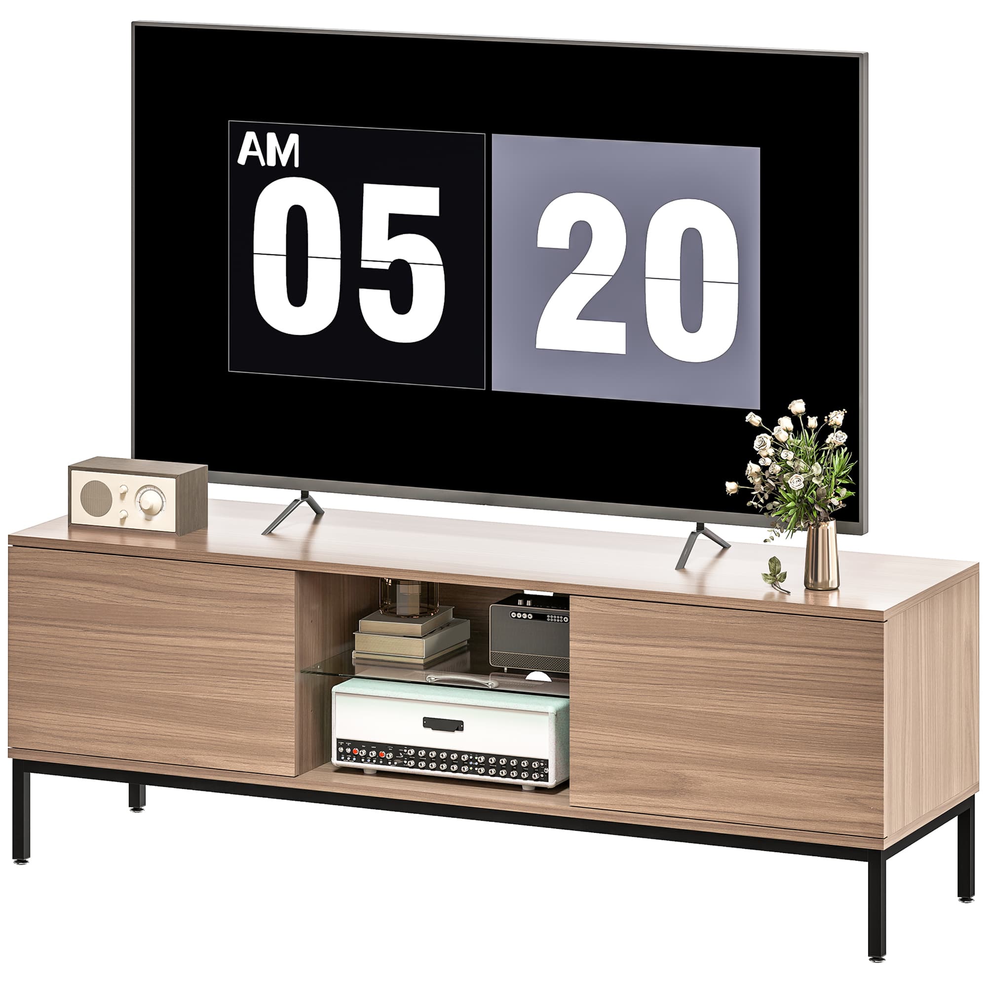 HOMCOM Meuble TV meuble télé pour téléviseur jusqu'à 60 pouces avec 2 portes et étagère en verre réglable 140x40x49,5cm gris
