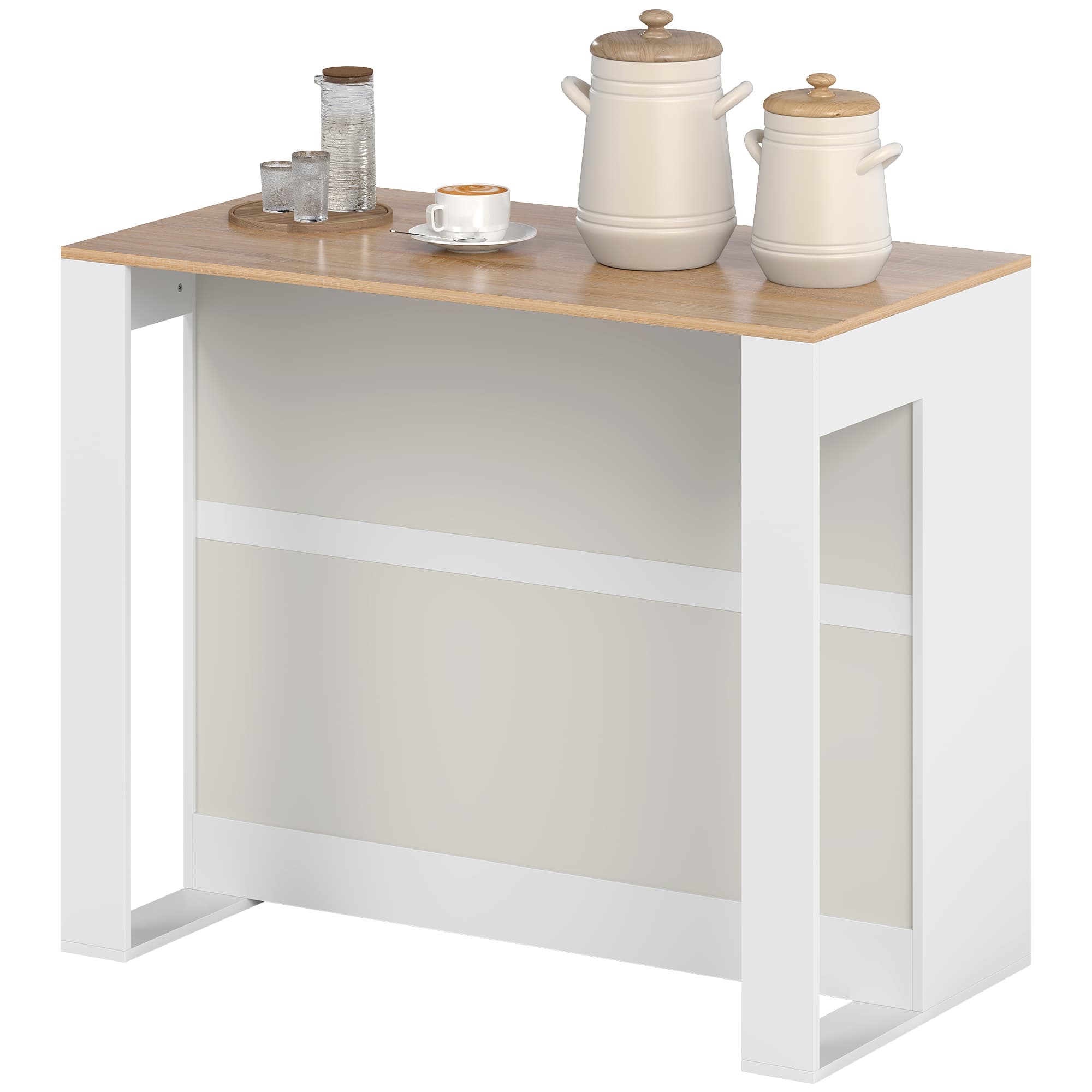 HOMCOM Table de bar, table haute cuisine à 3 niveaux 2 compartiments ouverts, plateau effet bois naturel 113 x 60 x 90 cm blanc